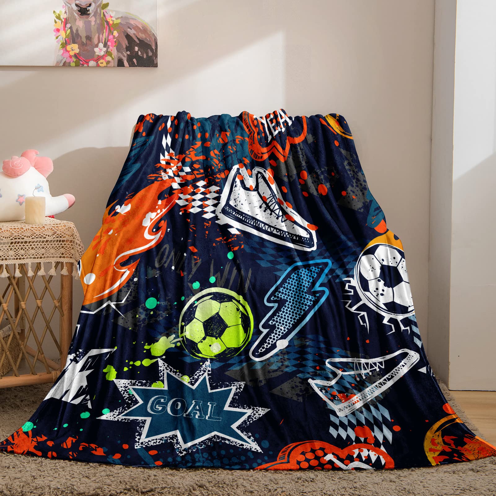YUANZU Boys Blanket Throw, Kids Sport Lightning Fire Football Ball Print Pattern Soft Cozy Flannel Baby Blanket, Warm Lightweight Plush Throw Couch Sofa Bed Cover, Gifts for Nursery Baby 60x80 inch