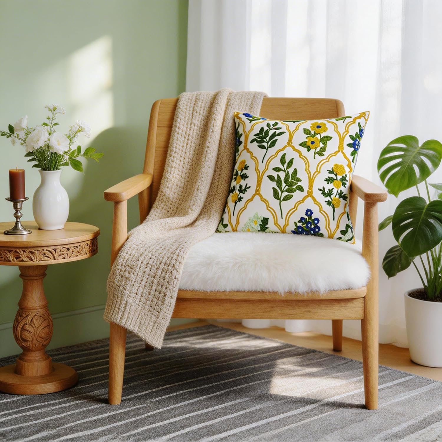 Alysheer Spring Summer Floral Embroidered Decorative Throw Pillow Cover 18"x 18" Set of 2, Flower Leaves Embroidery Patterned Multicolor Cushion Case for Sofa Couch Living Room Bedroom Outdoor