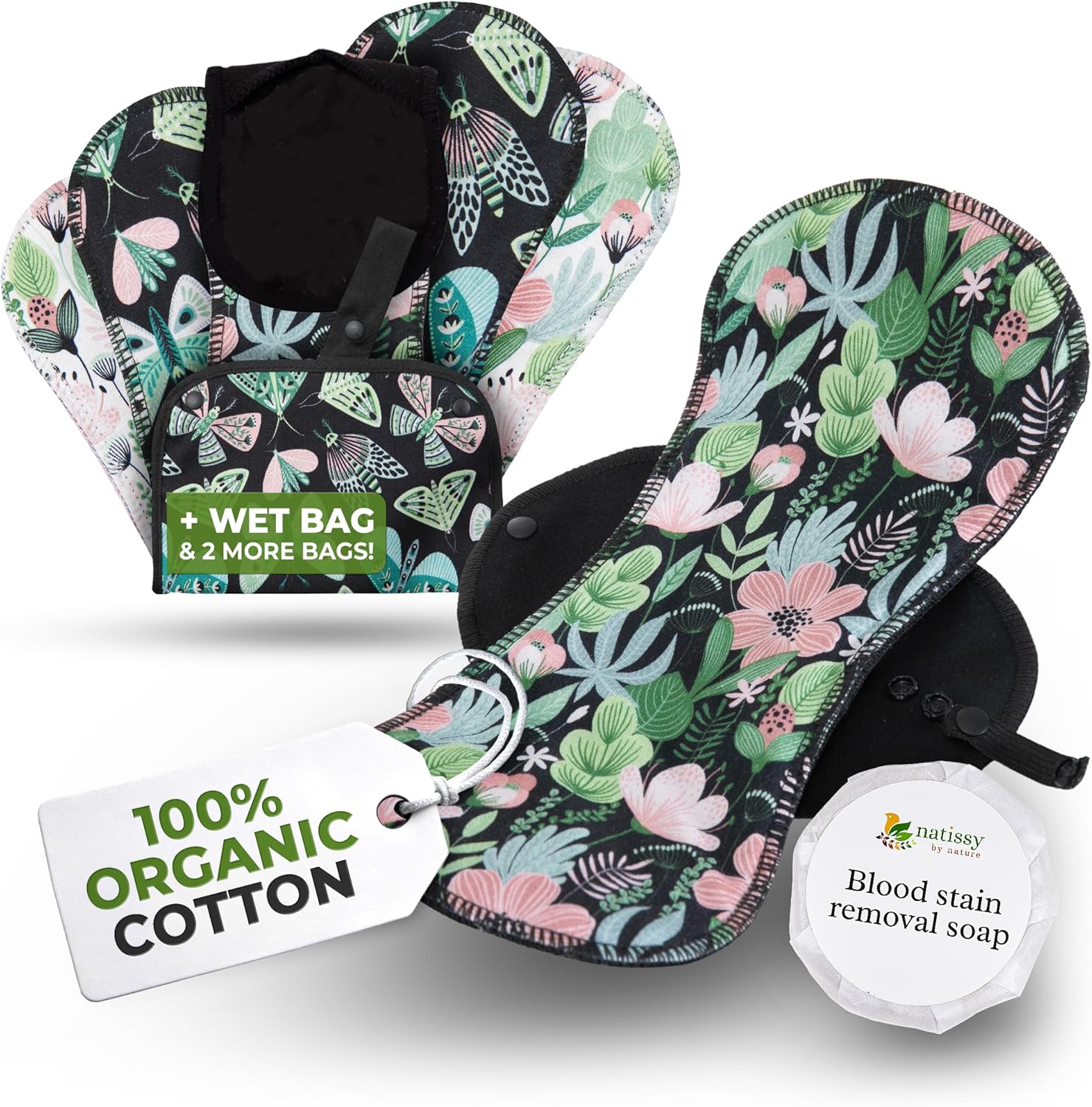 Organic Cotton, High Absorbency Reusable Period Pads for Heavy Flow (6 Pack L+XL) - Leak Proof & Odor Free Cloth Pads for Women - High-Temp Washable, Breathable & Skin-Safe for Menstrual Comfort