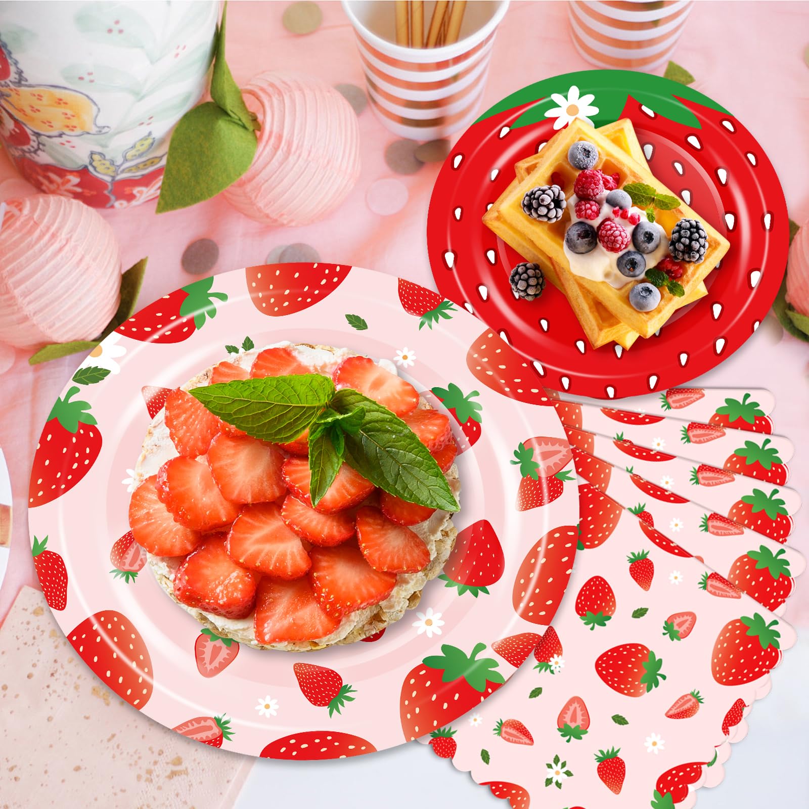 OuMuaMua Strawberry Birthday Decorations, 75 Pcs Disposable Fruit Paper Plates and Napkins Tableware Set for Summer Sweet One 1st Baby Shower Berry First Strawberry Themed Party Supplies, Serves 25