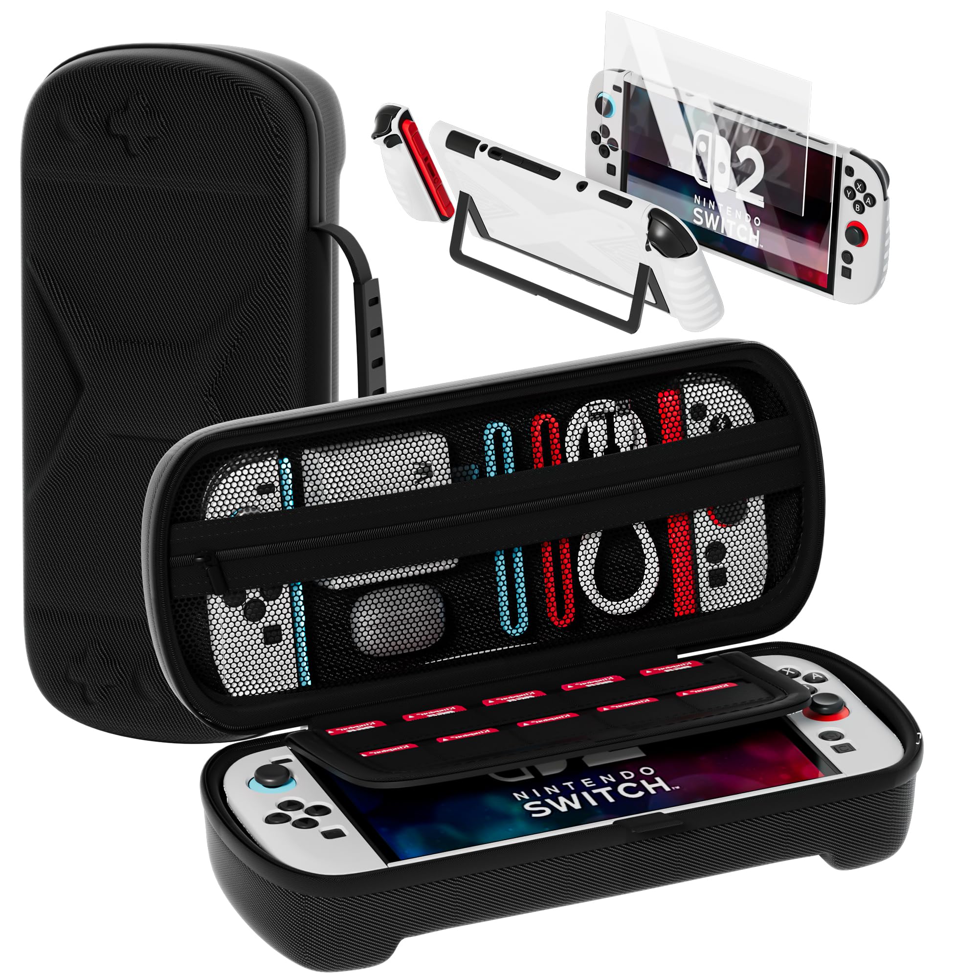 QUAGGY Switch 2 Case for Nintendo Switch 2 Console & Accessories, Switch 2 Carrying Case with 12 Game Card Slots, Portable Hard Shell Pouch Carrying Travel Game Bag(White+Black Bag)