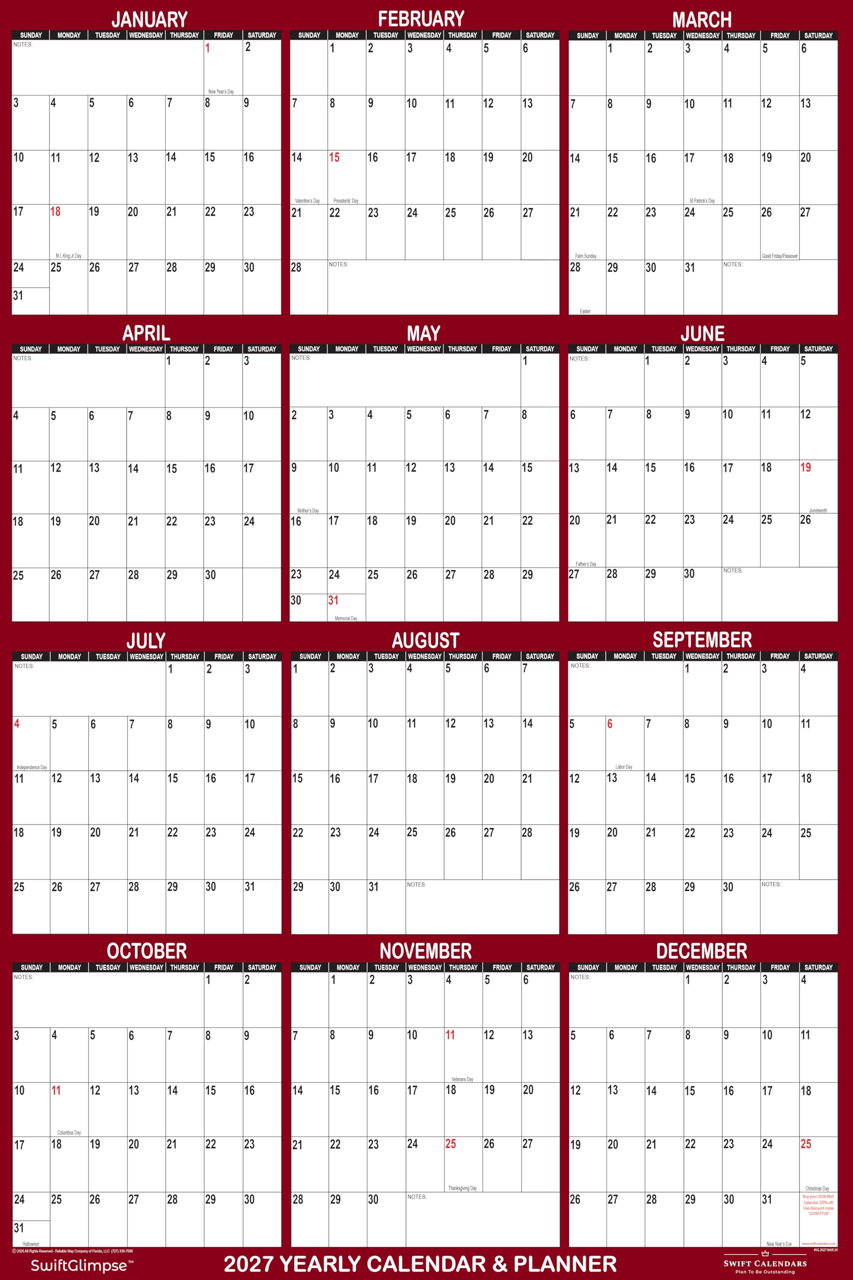 SwiftGlimpse - Calendario da parete cancellabile 2027, 81,3 x 121,9 cm, cancellabile a secco e a umido, laminato, 12 mesi, annuale, reversibile, orizzontale/verticale, marrone (confezione da 1)