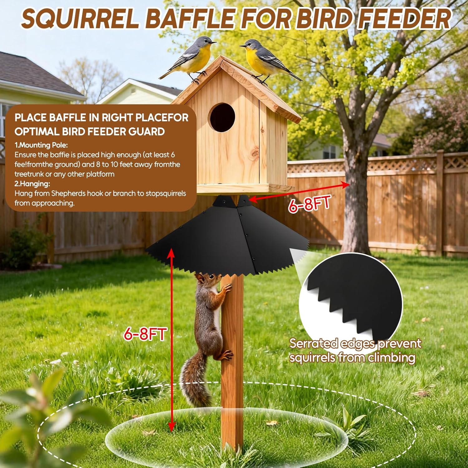 19-Inch Metal Squirrel Baffle for Bird Feeder Pole, Hanging or Post Mount, Squirrel Guard for 4x4 Post, Raccoon Baffle with Spikes, Black