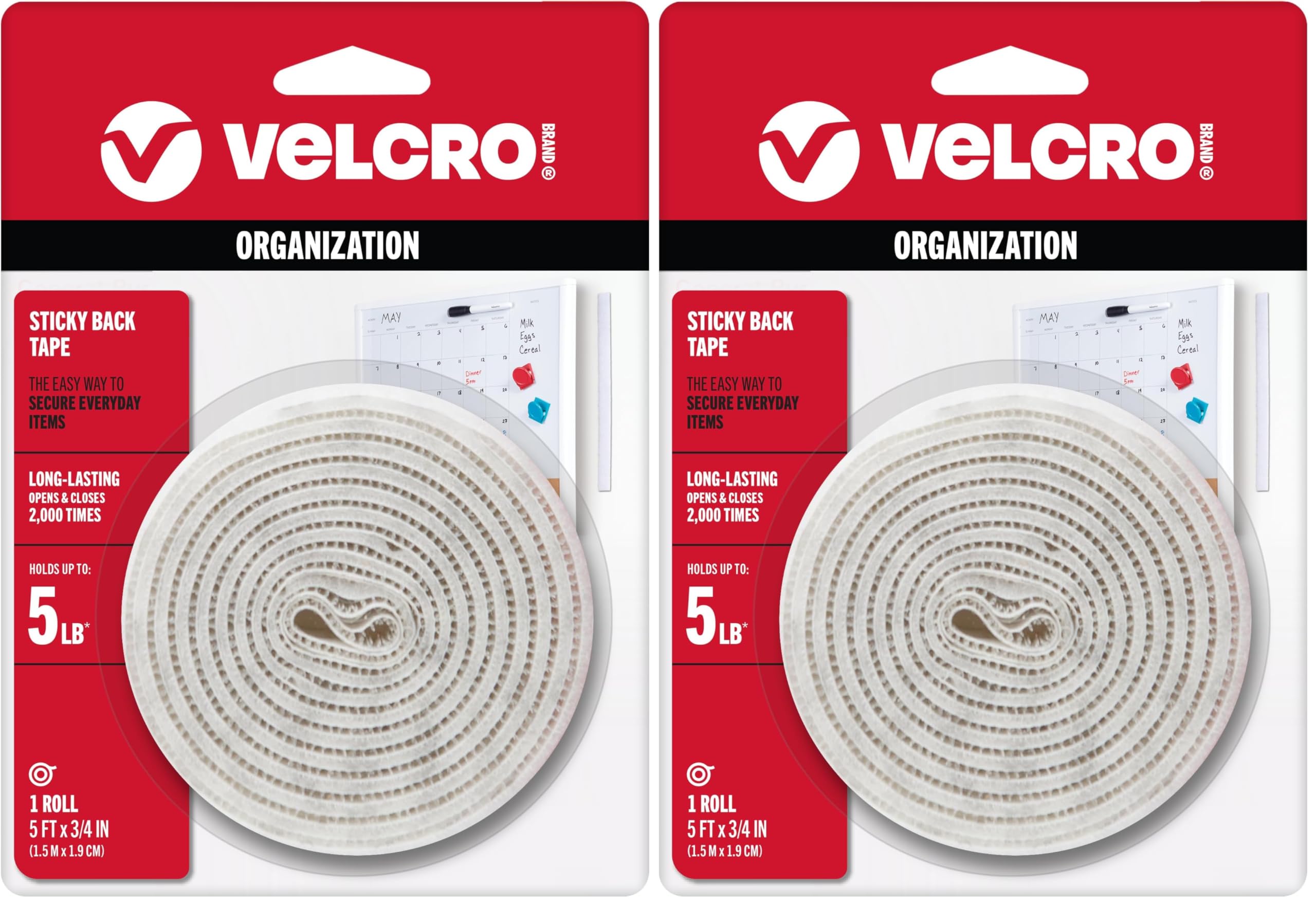 VELCRO Brand 5 Ft x 3/4 in | White Tape Roll with Adhesive | Cut Strips to Length | Sticky Back Hook and Loop Fasteners | Perfect for Home, Office or Classroom (Pack of 2) Roll White 5 ft x 3/4 in (Pack of 2)