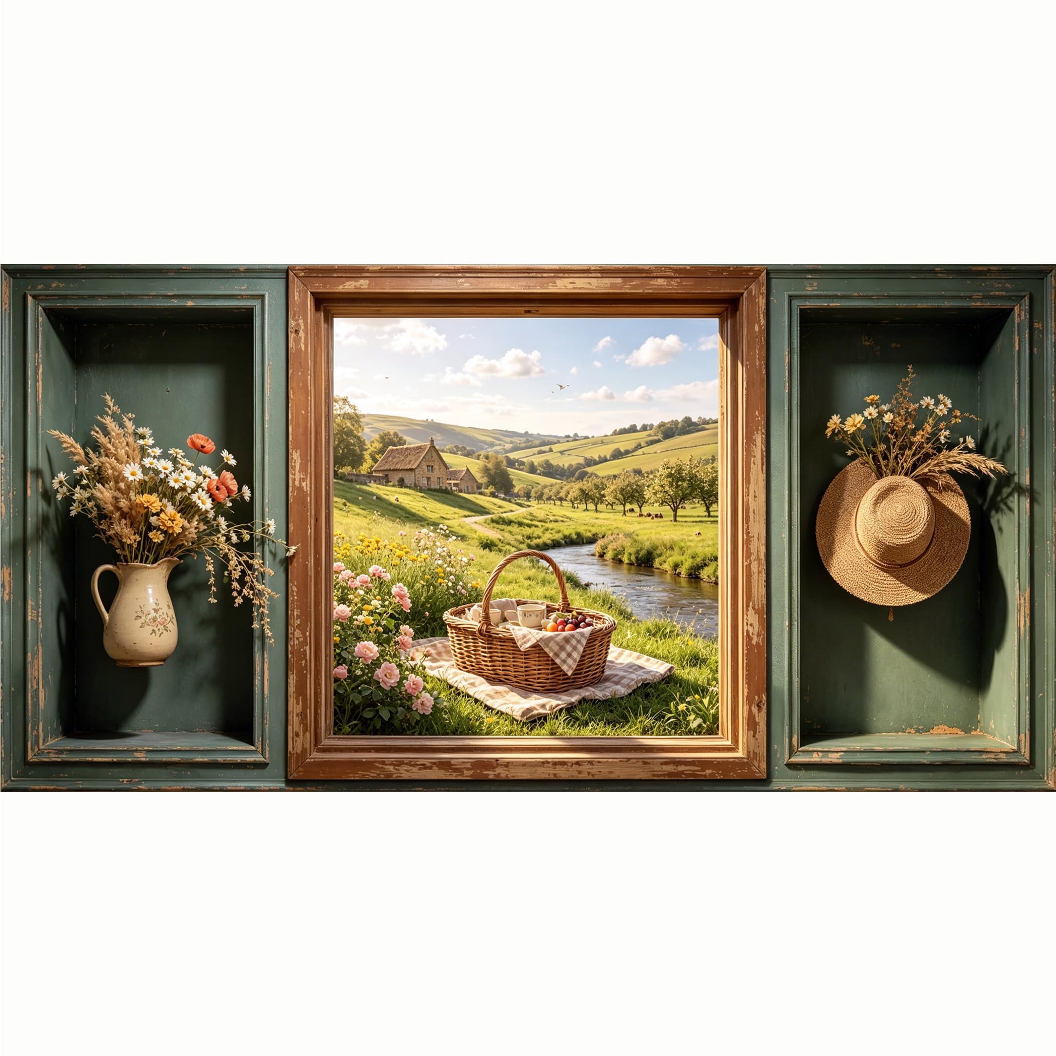 QZLITHOTIC 50x100cm 3D Framed Wall Art， Farmhouse Countryside Picnic Landscape SelfAdhesive Mural， WaterActivated Peel & Stick Fabric Decor Wall Decal for Bedroom Living Room