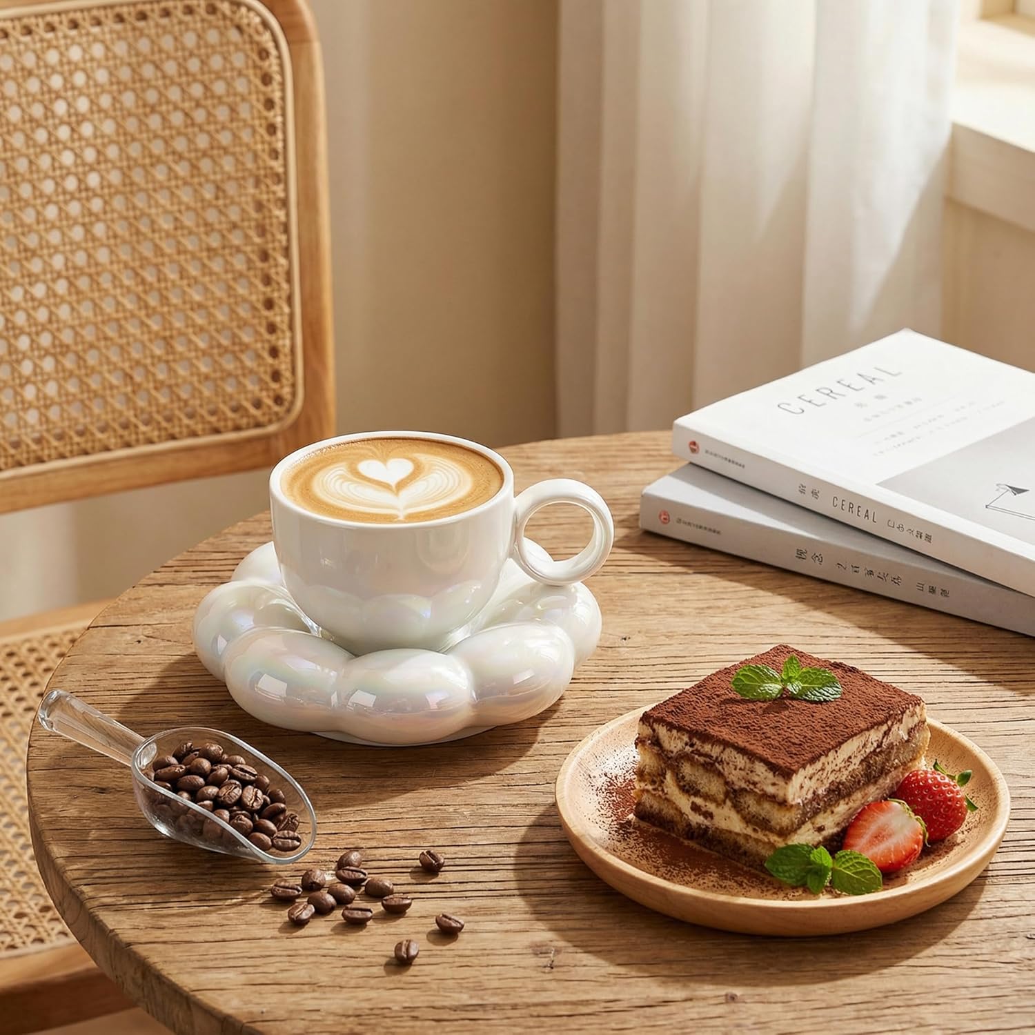 Goaste 2 Pack Ceramic Coffee Mug with Saucer Set, Cute Cloud Mug with Sunflower Coaster, 8oz Creative Latte Tea Cup for Office, Home, Coffee, Tea, Latte, Milk, Pink, Pearl White - Image 7