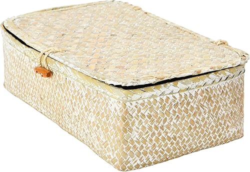 Miniatura 9 de Creative Co-Op Cajas de pastos marinos tejidas a mano con tapas y cierre de palanca, blanqueadas, juego de 2