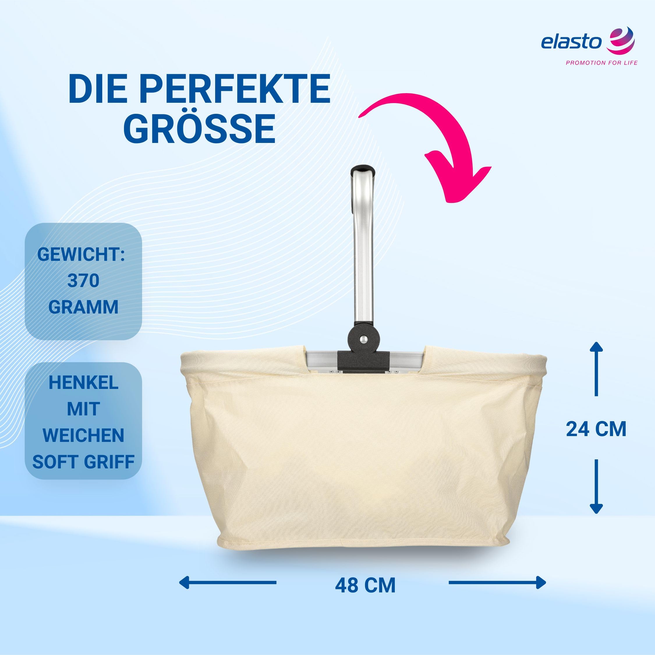 Cesta de la compra 'Carry' – Cesta estable y plegable con asa de marco de aluminio – aprox. 30 l de cesta para compras y excursiones – Bolsa de la compra de poliéster con mango suave, color: beige