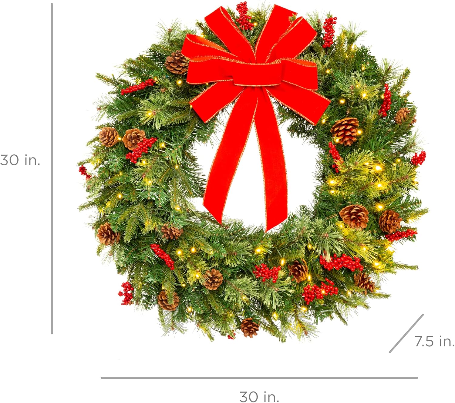 Best Choice Products 30in Pre-Lit Battery Powered Christmas Wreath Artificial Pre-Decorated Holiday Accent w/ 100 Lights, 276 PVC Tips, Ribbons, Pine Cones