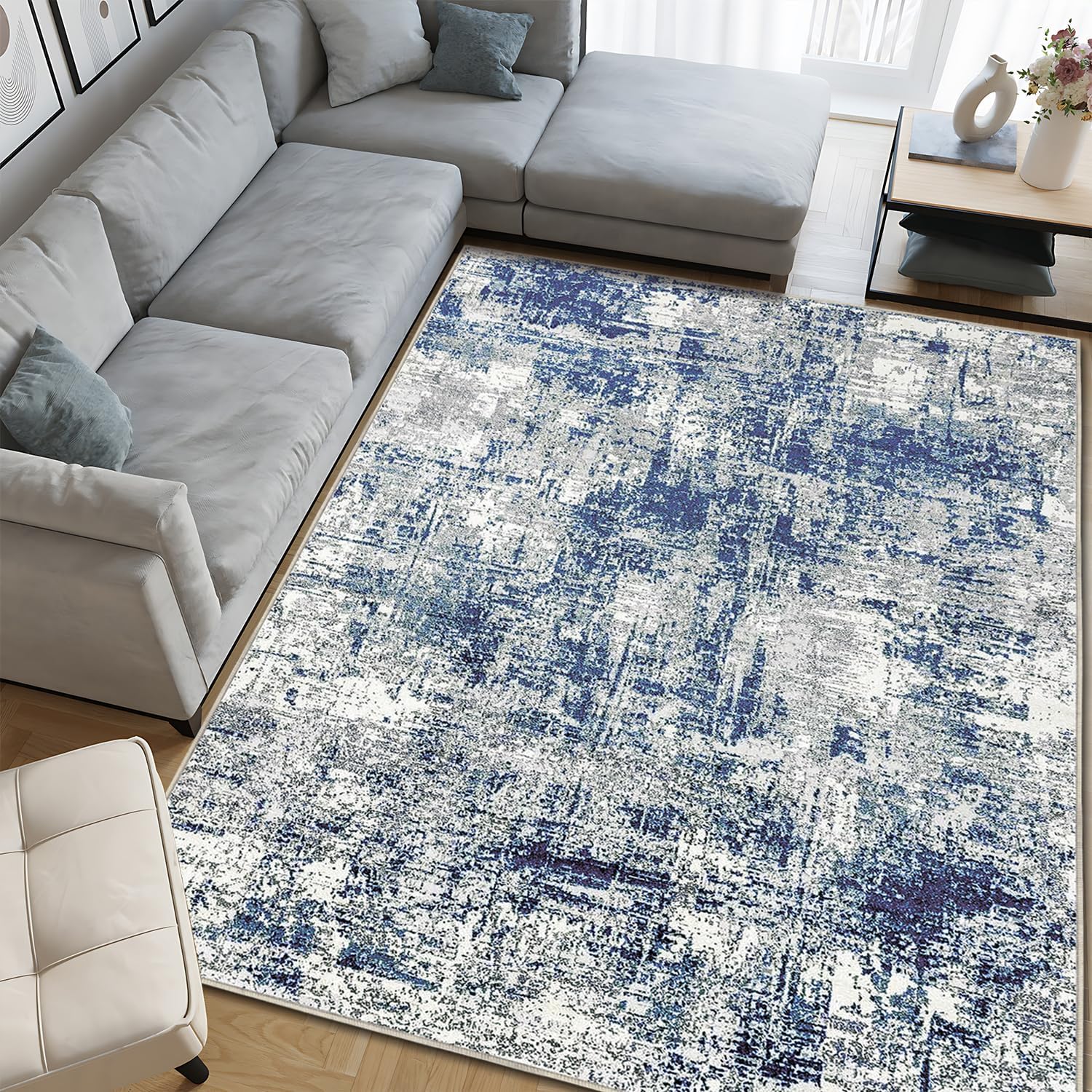 5x7 Area Rugs for Living Room, Machine Washable Vintage Rug, Non-Slip Low Pile Throw Rugs with Rubber Backing Foldable Washable Carpet for Bedroom Dining Room Home Decor, Blue