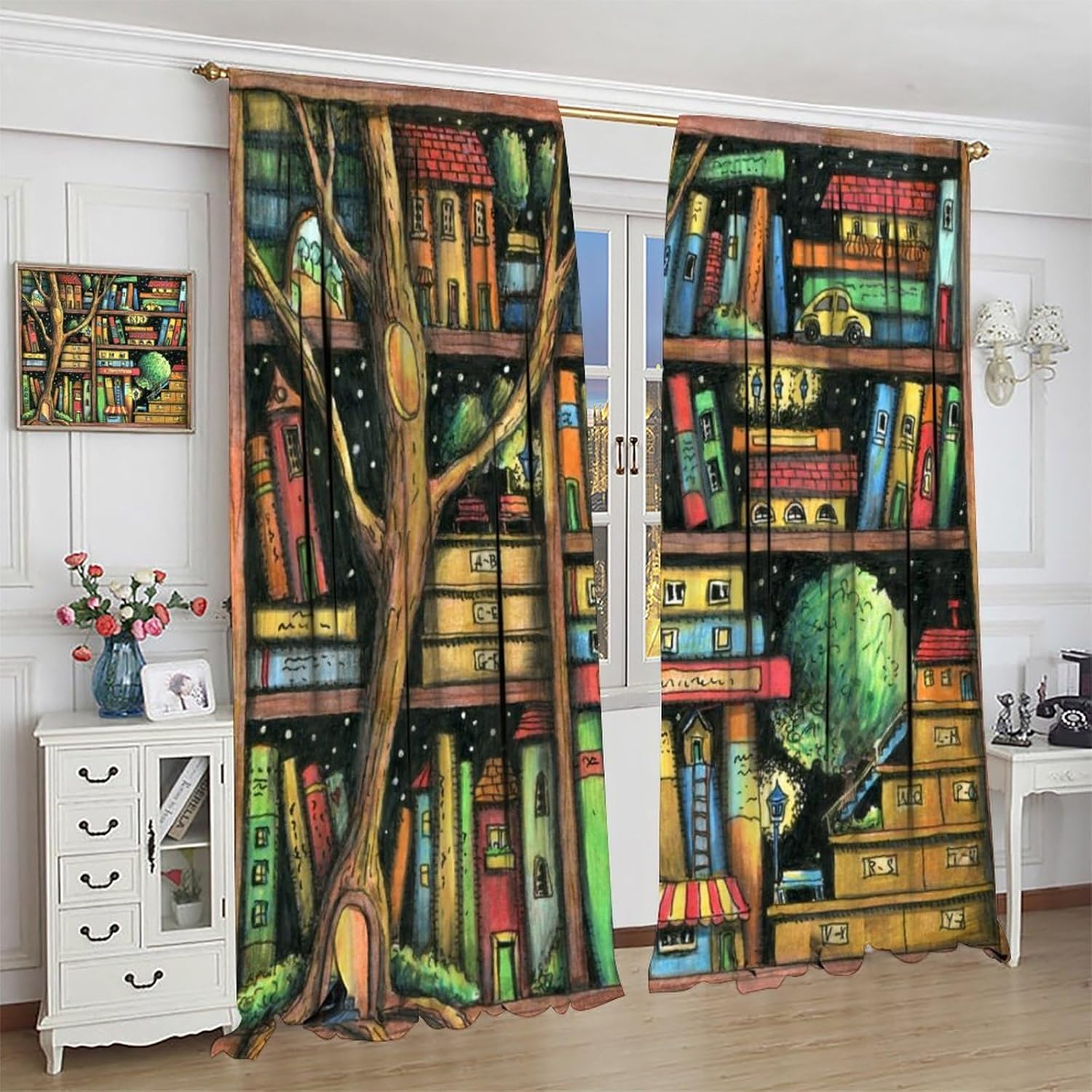 Bookshelf Curtains for Study School Library Reading Room Bedroom Book Rod Pocket Blackout Window Treatment Cartoon The Tree Home Decor Window Drapes 42x45in