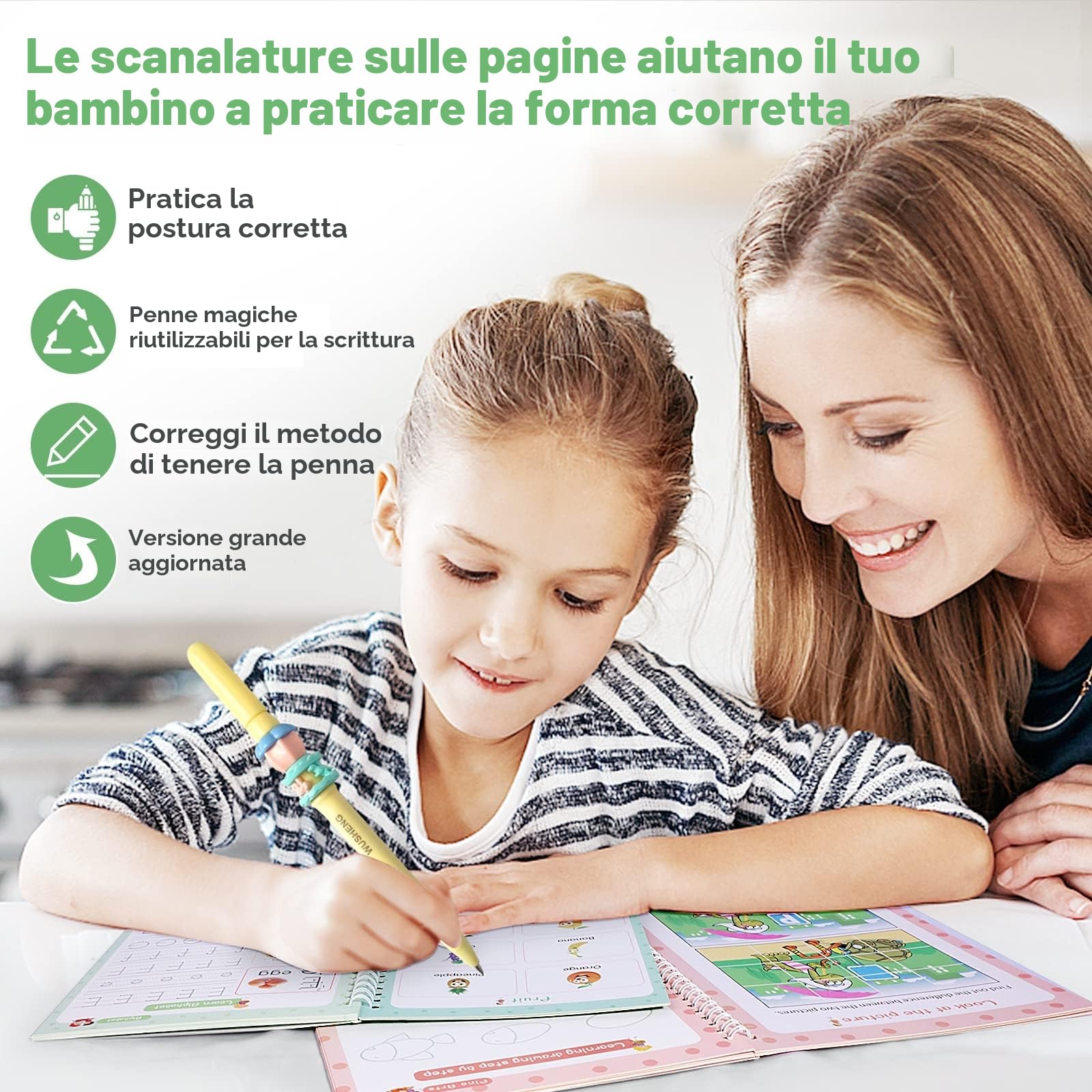 Libro di lavoro per scrivere a mano magica, quaderno di pratica, penna magica riutilizzabile con scanalature per bambini (4 libri, 25 x 19 cm)