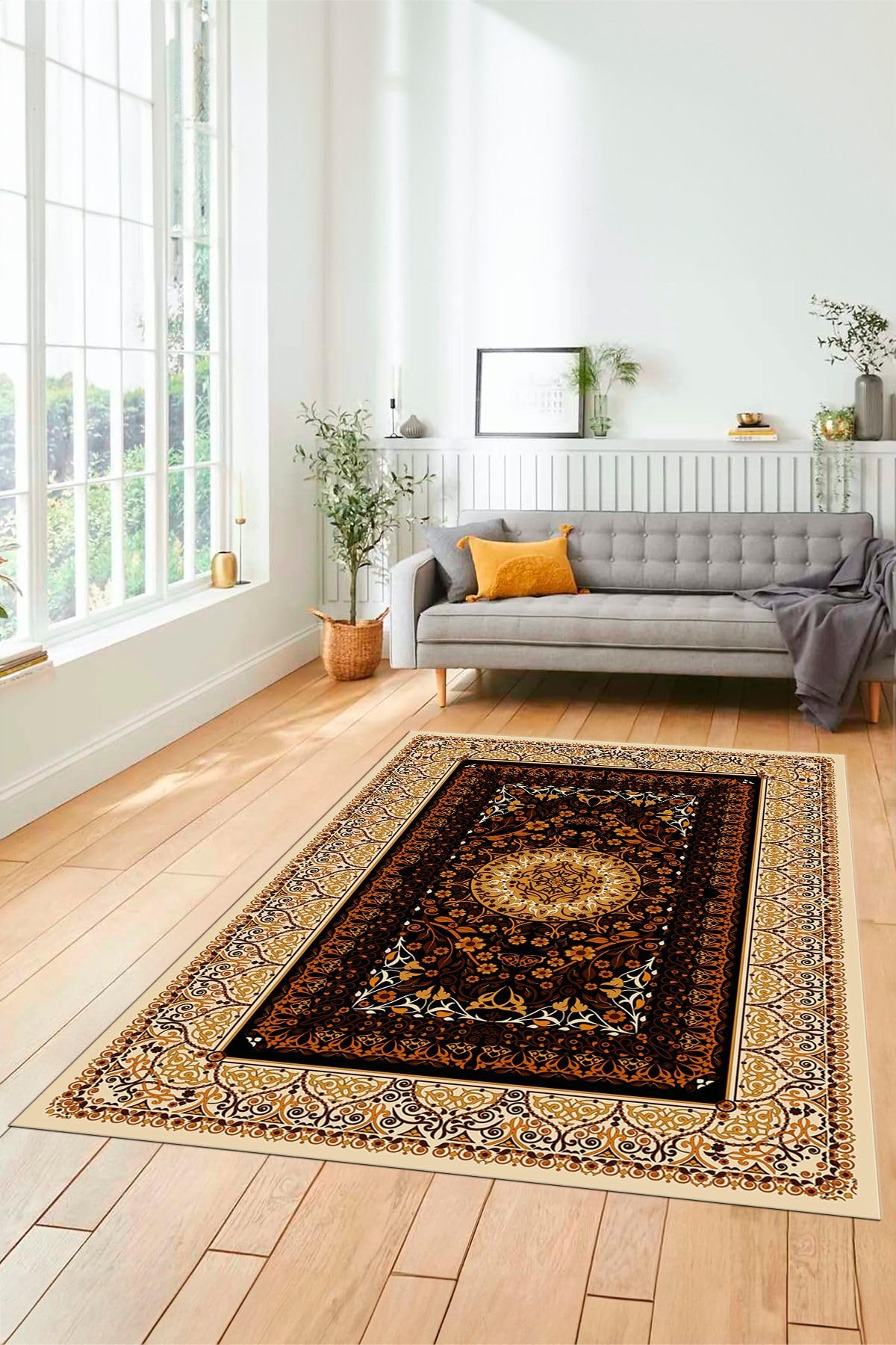 Evdeya Şık Klasik Desen Dijital Kaymaz Taban Yıkanabilir Yolluk Mutfak Salon Halısı KLASİK-14, Kahverengi, 100 x 250