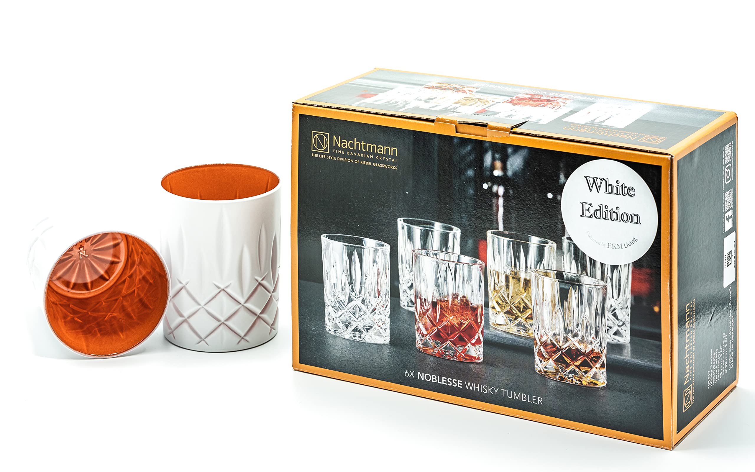 Nachtmann Noblesse - Juego de 6 Copas, Vasos de Whisky White Edition de 295 ml, Aptos para Lavavajillas, Vasos de Agua de EKM (Blanco/Cobre) y 6 Pajitas de Cristal