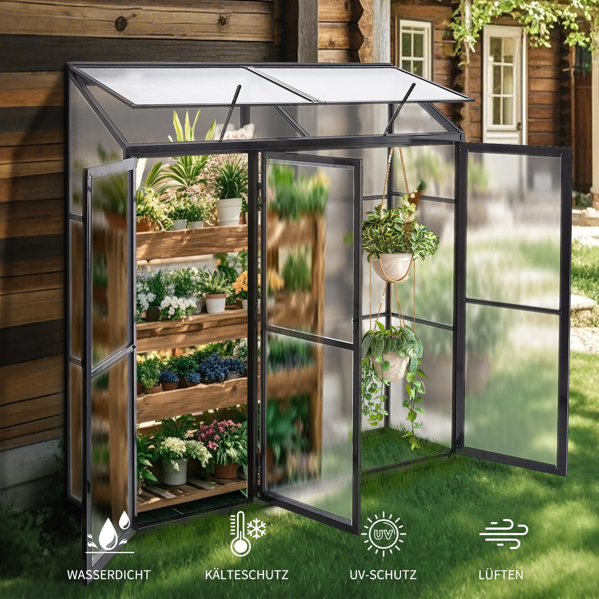 Anlehngewächshaus Tomaten Gewächshaus 180x55x190cm Aluminium Beistell-Gewächshaus, Treibhaus Gartenhaus Frühbeet mit Rückwand, Winterfest Klein, Minigewächshaus, Schwarz