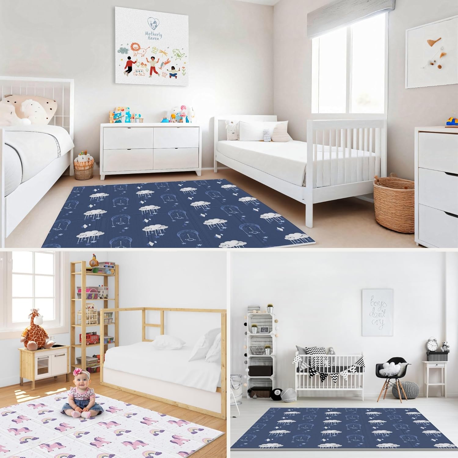 Motherly Haven 79x71 Foldable Baby Play Mat for Floor, Extra Large Reversible Foam Play Mat for Babies 6-12 Months, Waterproof Portable Foam PlayMat for Tummy Time for Toddler - Unicorn and Clouds