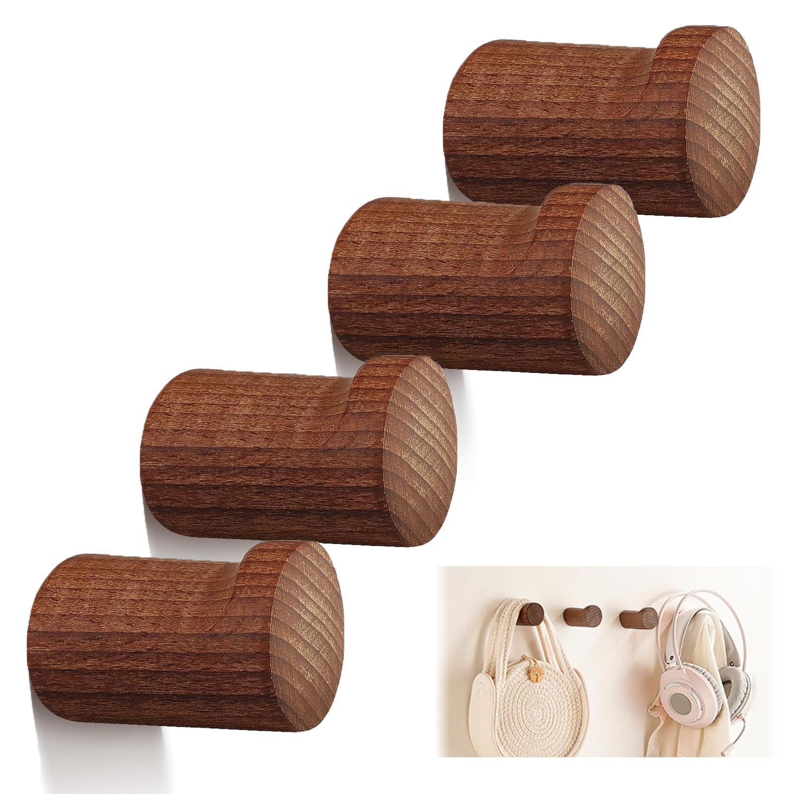 QTMMC 4 Pack Wooden Coat Hooks Wall Mounted Walnut Wood Hooks Entryway Hat Rack Decorative Wall Hooks Heavy Duty Hangers Single Organizer for Hanging Coats Jackets Clothes Towels Bags Hallway Bedroom