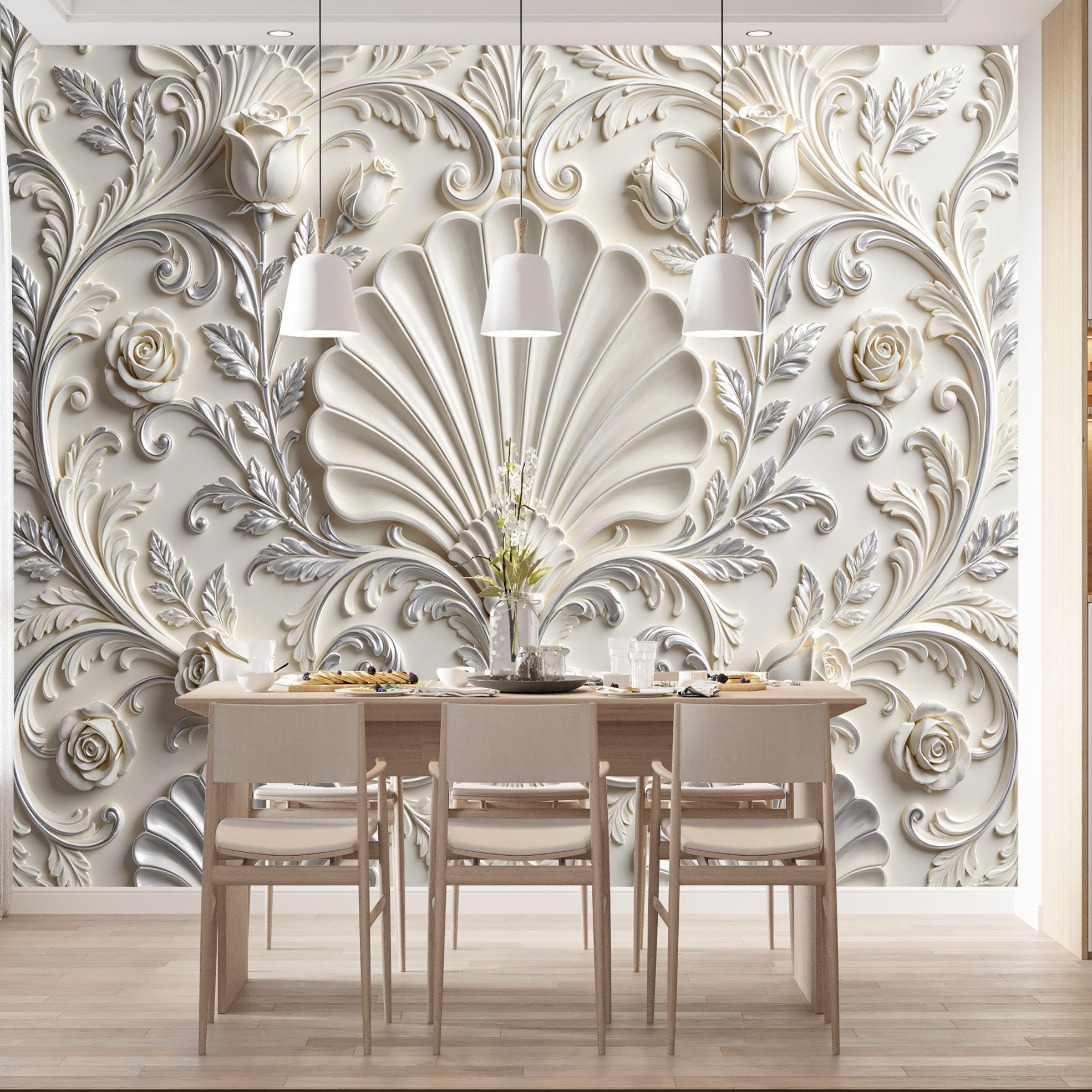 Carta Da Parati Fotografica In Tessuto Non Tessuto con Motivo Floreale Elegante Stile Palazzo Europeo Classico Di Lusso 500×350 cm (Lxa) Grande Ornamento A Ventaglio con Conchiglie Rivestimento Mur