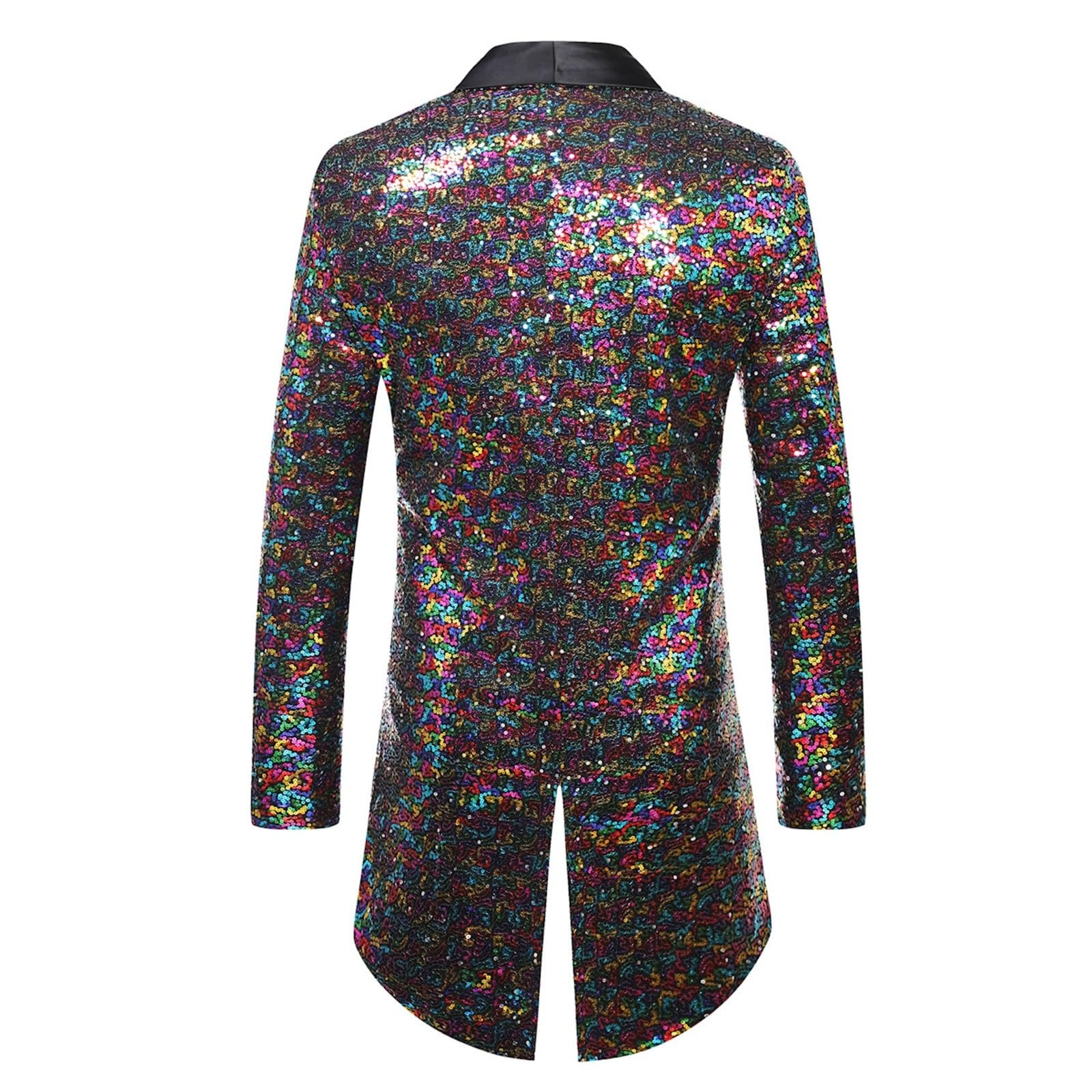 Herren Frack Pailletten, Gothic Jacke Herren Midi, Schwarz Glitzer Mantel mit Knöpft Elegant Tuxedo Mittelalter Steampunk Gehrock Viktorianische Hof Kleidung Nightclub Party Halloween Kostüm
