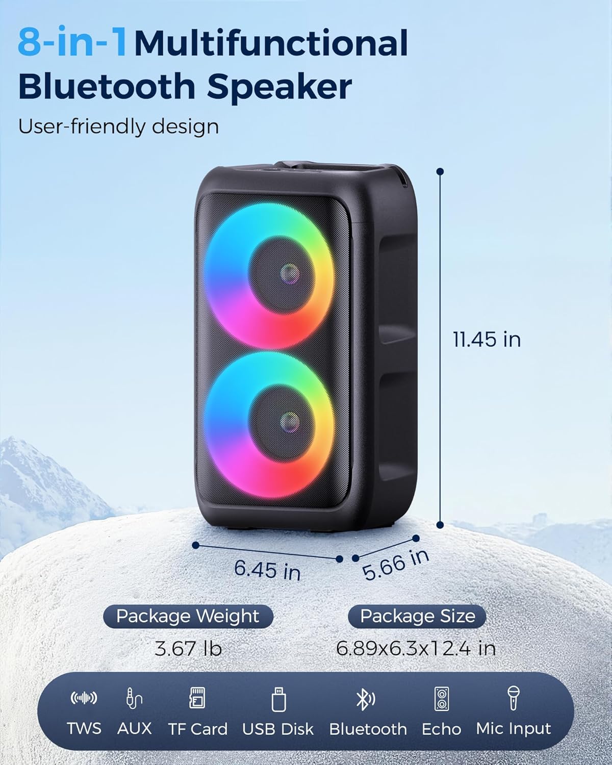 Bluetooth Speaker，Portable Party Speaker with Colorful Lights，Wireless Speaker with HD Loud,Surround Sound Systems Support TWS/AUX/USB/TF Card Ideal for Party,Home,Outdoor Camping