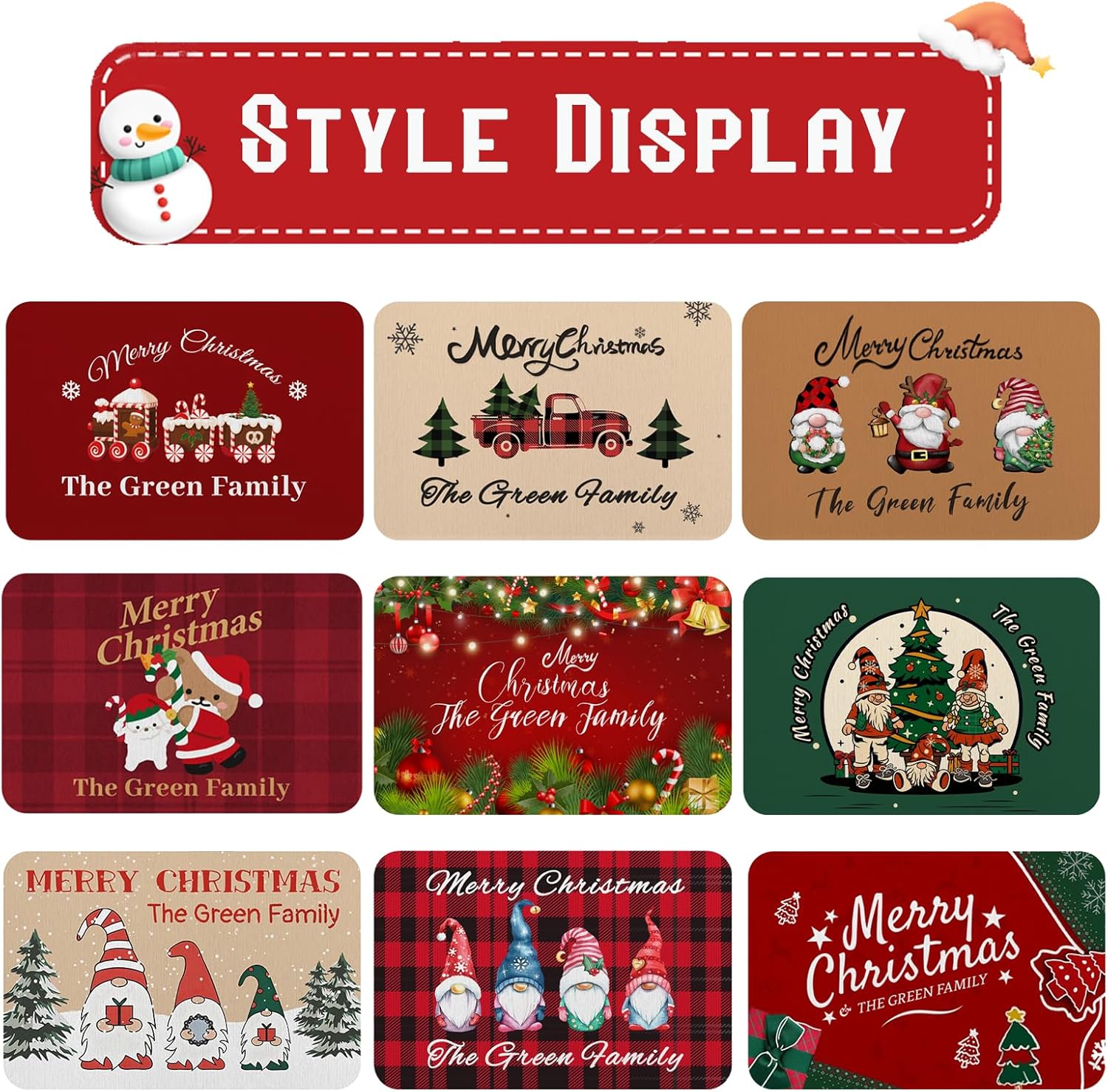 Personalized Christmas Doormat with Family Name, Custom Welcome Mat for Outdoor & Indoor Entrance, Different Font Design Options & Anti-Slip Backing