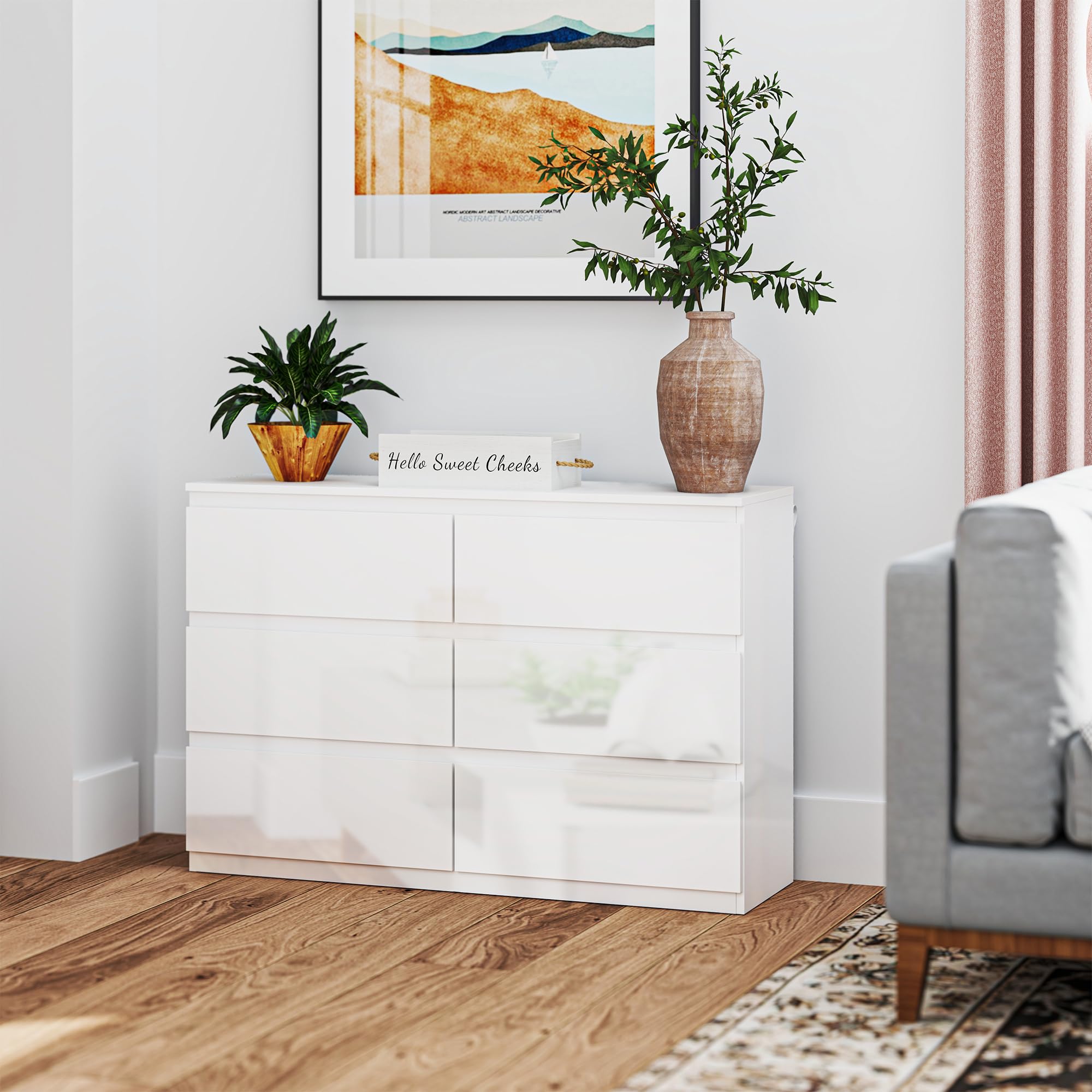HOMCOM Cómoda con 6 Cajones Cómoda de Dormitorio Moderno con Diseño Anti-vuelco Cajonera para Salón Pasillo 112x34x75 cm Blanco Brillo