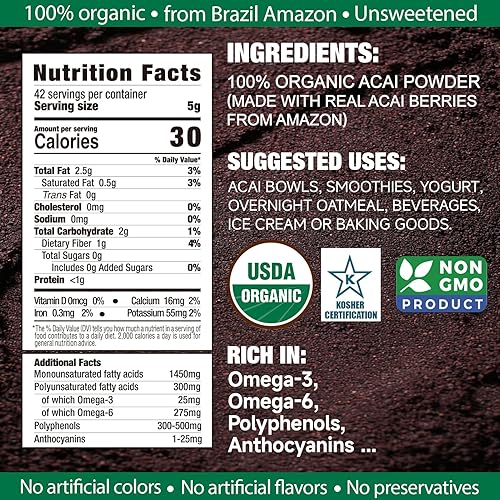 Miniatura 2 de Nestor Polvo de acai silvestre 100% orgánico sin azúcar, bayas de acai liofilizadas de Brasil, rico en antioxidantes, superalimento a base de