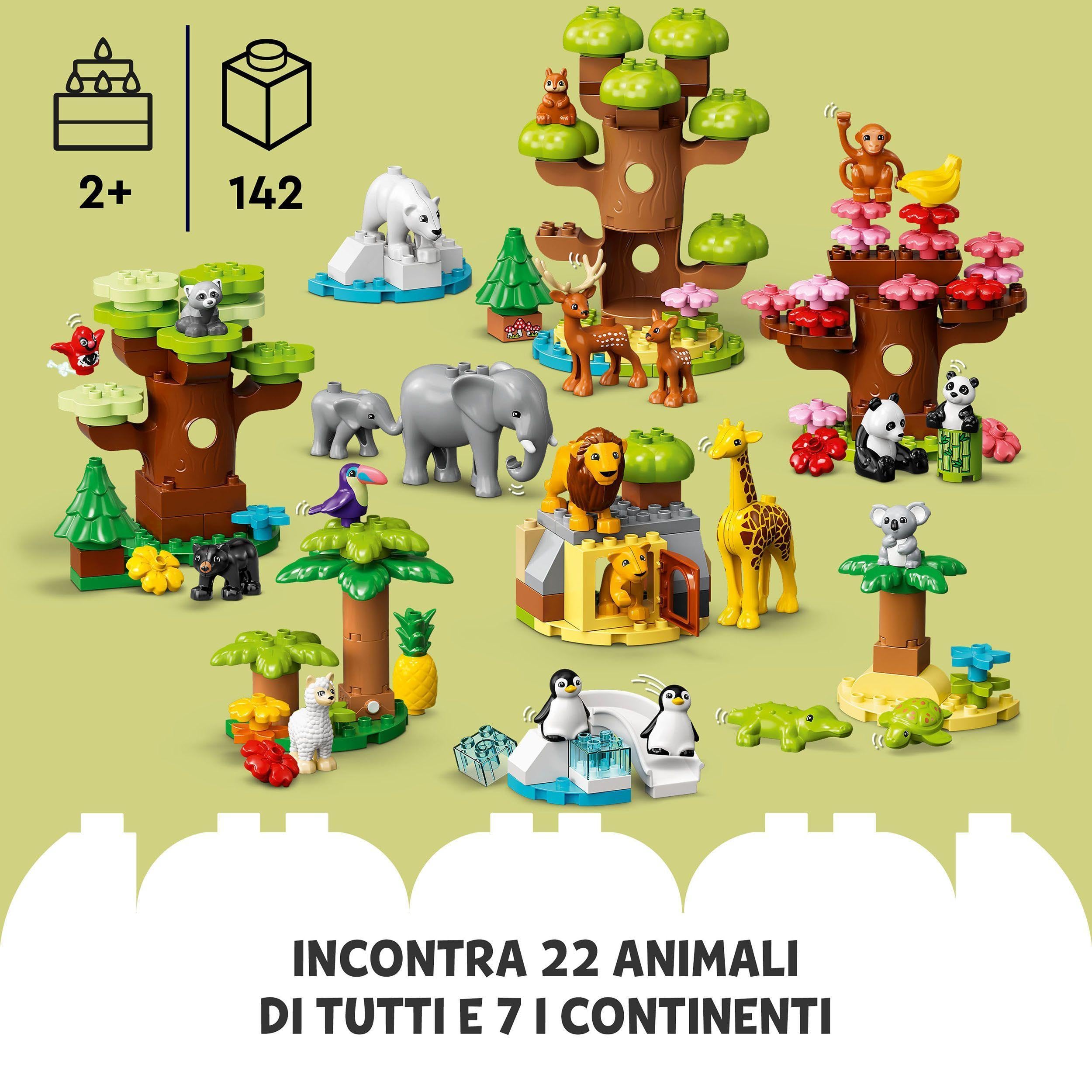 LEGO DUPLO Animali del Mondo, Giochi Educativi per Bambini e Bambine con 22 Figure di Animali Giocattolo e Mattoncino con Suoni Realistici, Idee Regalo di Compleanno con Tappetino da Gioco 10975