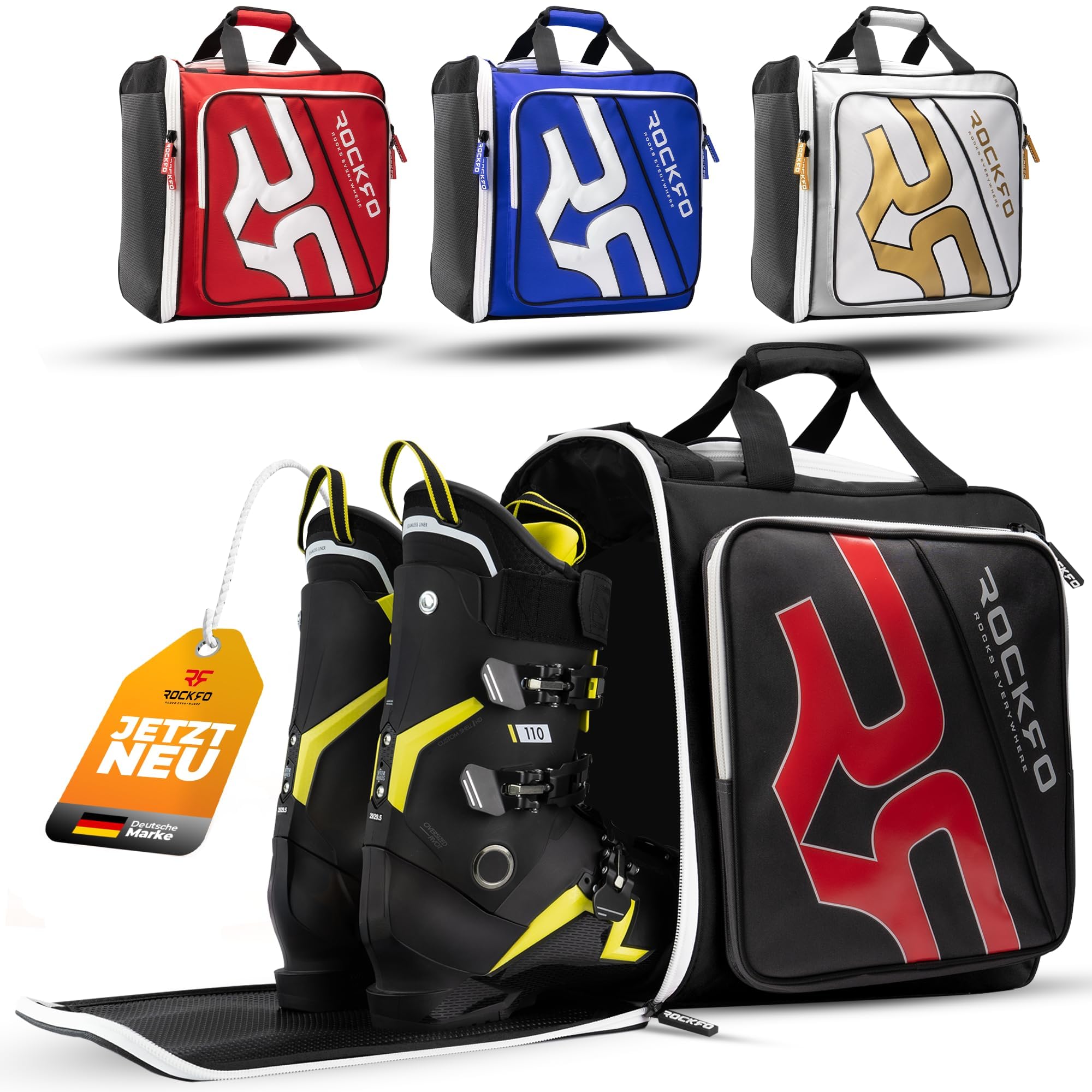 Skischuhtasche mit Helmfach, Robuste Tasche für Skischuhe, Wasserabweisende Skistiefeltasche mit Helmfach, Praktischer 7 Zonen Ski Rucksack für Ski Schuhe Helm Skibrille, 49L