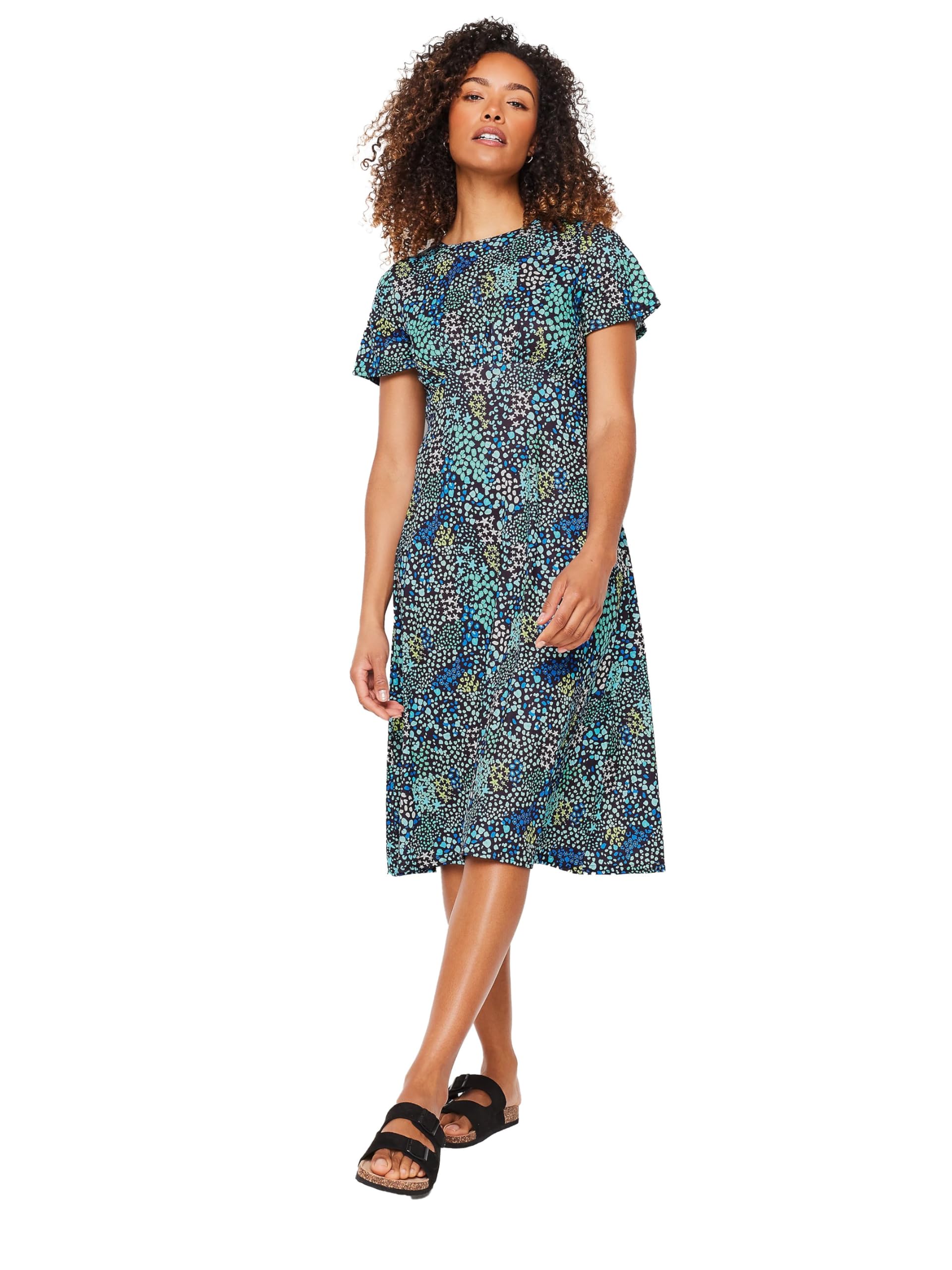 M&Co Women's Blue Mixed Print Short Sleeve Midi Dress Size 16