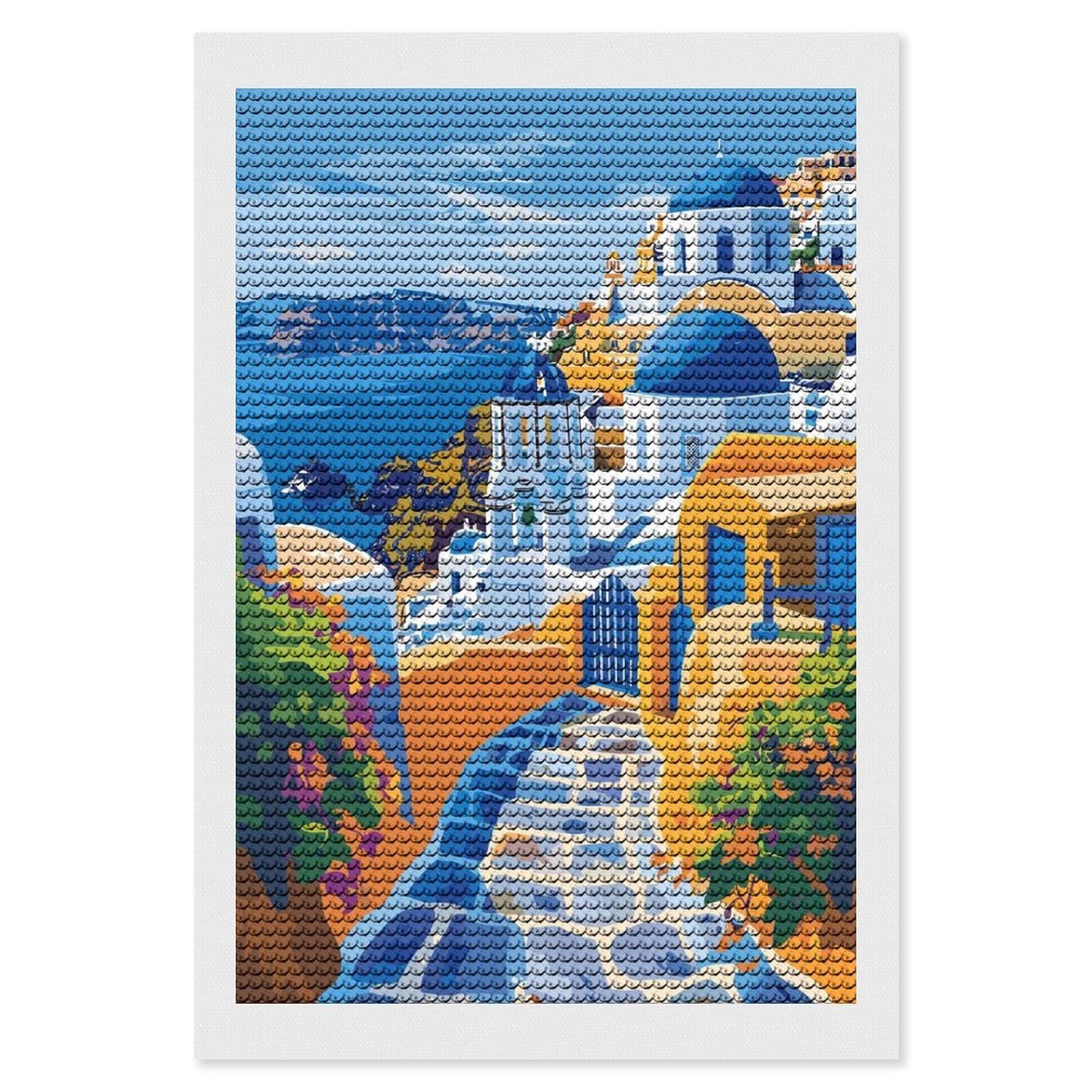 Junmoney Greek Island Santorini Diamond Art Canvas 8"x12", Full Kit Included, Bedroom Decor, for Beginners, Thoughtful Handmade Gift
