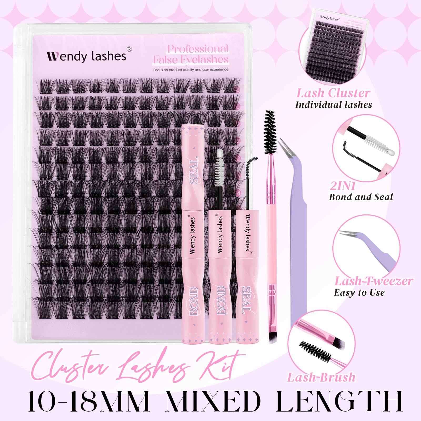 Lash Clusters Kit Natural Eyelashes Individual C-Curl Soft Cluster Lashes c9 10-18mm Mixed Russian DIY Lash Extension Kit with Lash Bond and Seal(FK/KIT-c9-C-Mix1018) - Image 3