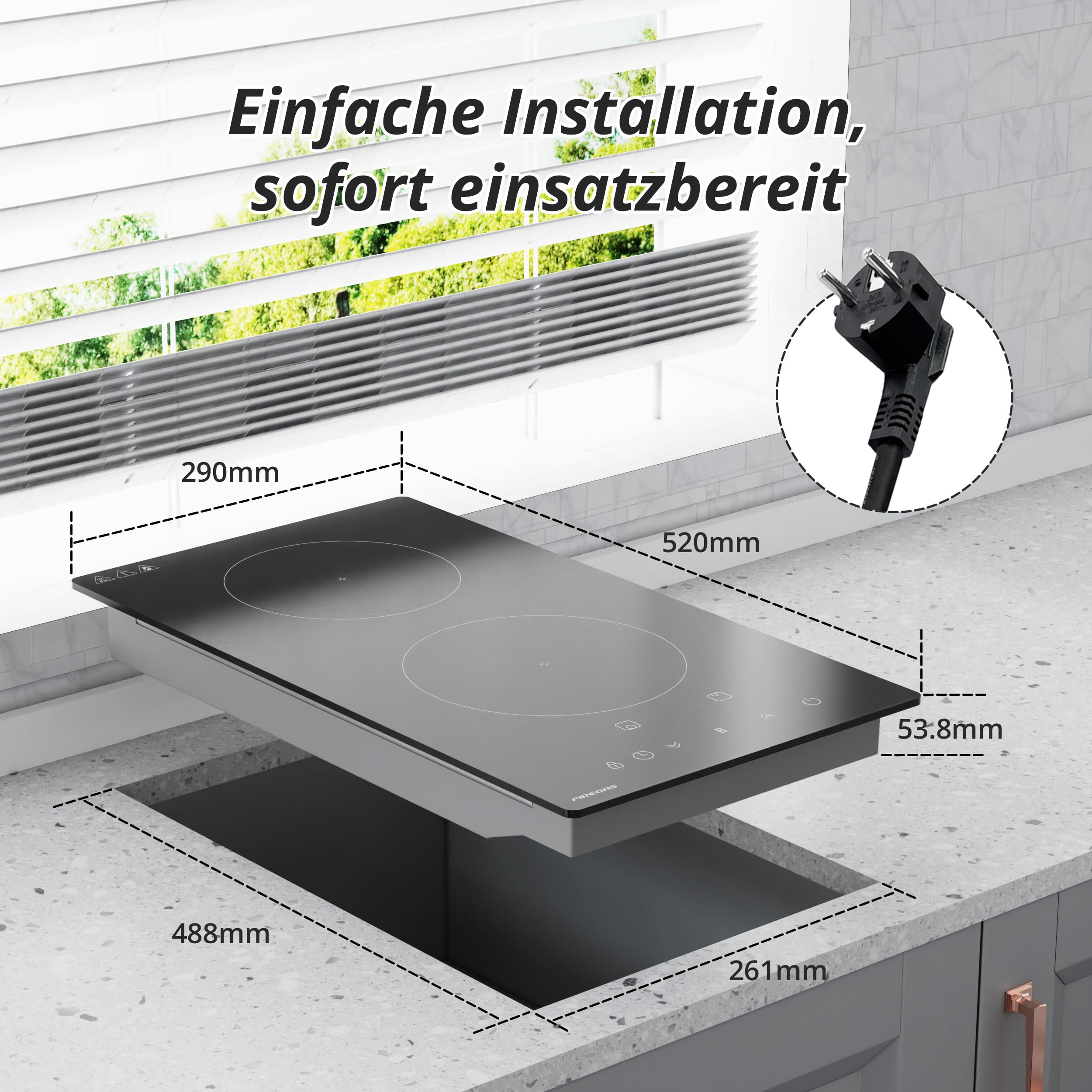 FIREGAS Einbau-Induktionskochfeld,2 Kochzonen,3700 W,9 Leistungsstufen mit Boost-Funktion,Touch-Bedienung,Timer bis 99 Minuten, Kindersicherung