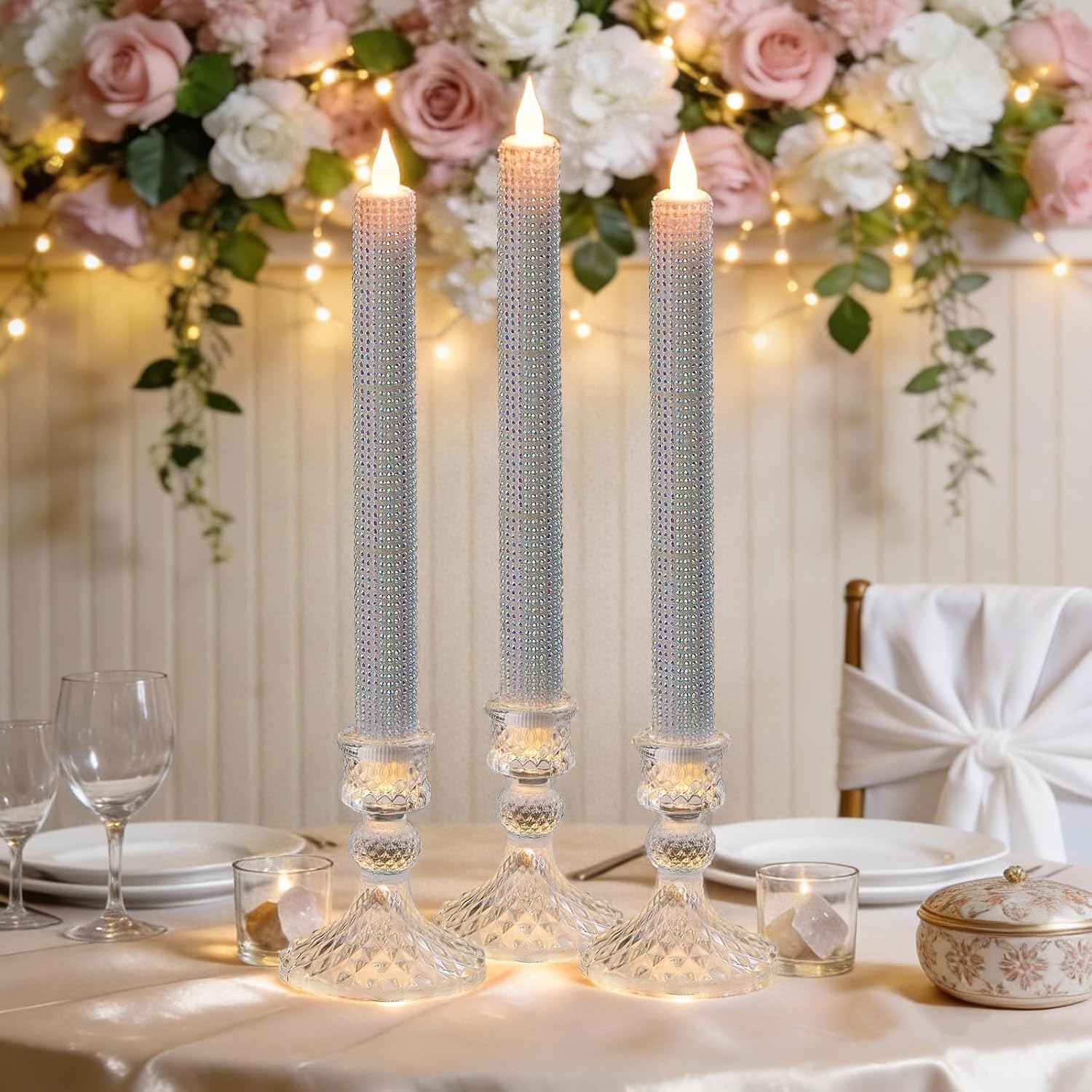 LED Flameless Taper Candles with Remote Control,Set of 2, Silver Glitter Finish, Crystal Glass Candlestick Holders, Timer Function (White LED)