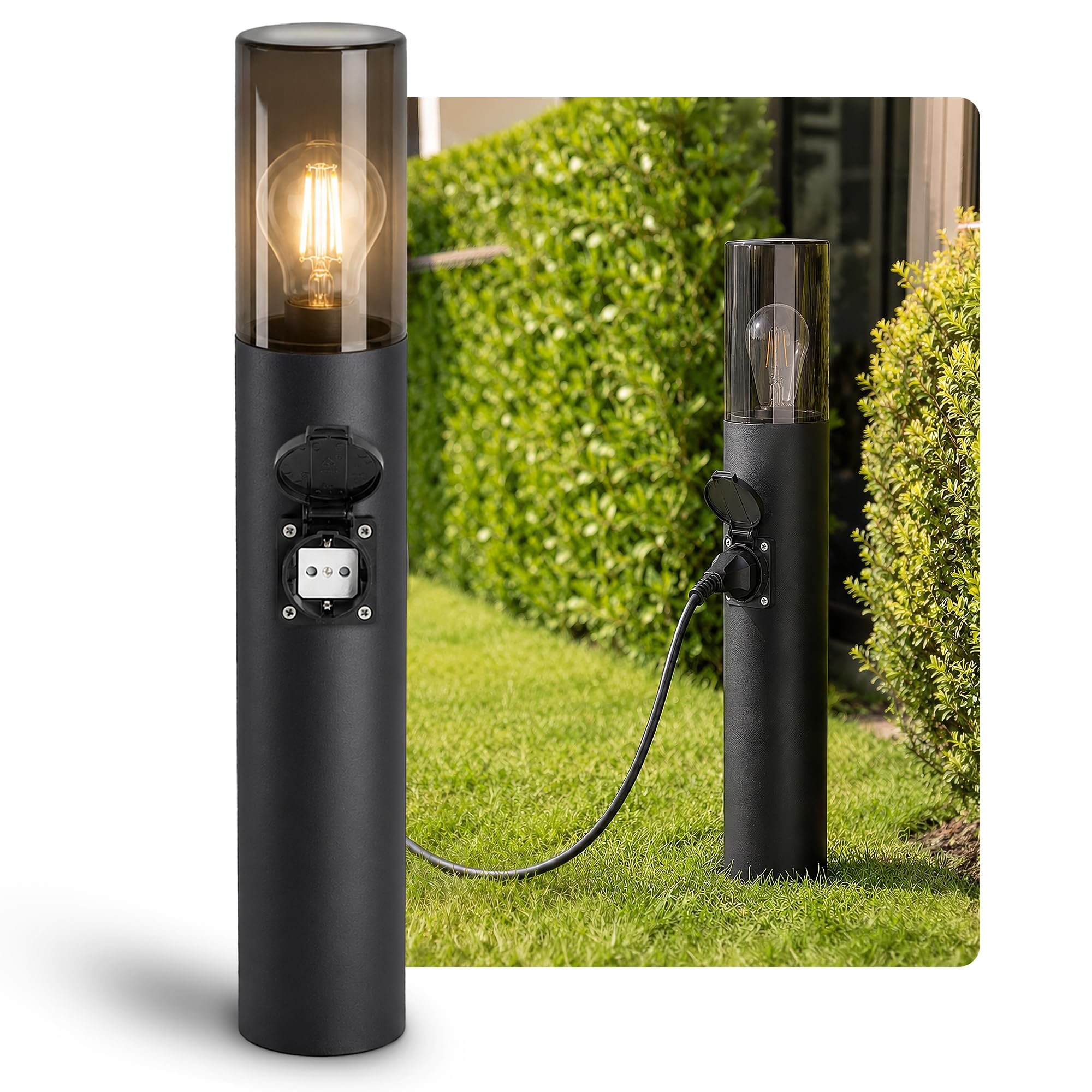 SSC-LUXon VARDA Wegeleuchte Außen mit Steckdose inkl. LED E27 Glühbirne Filament extra warm - Außenleuchte mit Stromanschluss 230V