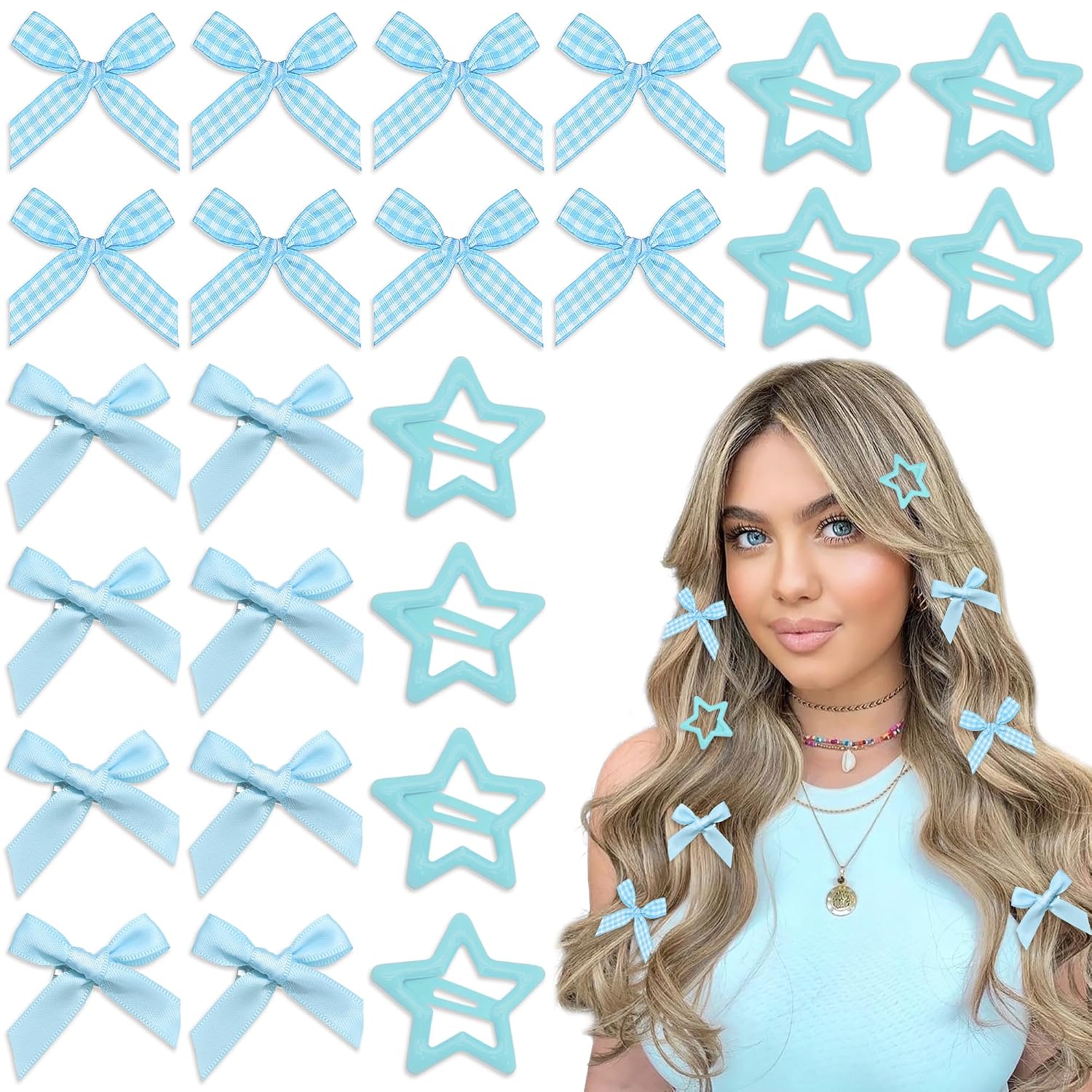 Blue Bow Clips 24PCS Gingham Hair Clips Y2K Snap Star Hair Accessories Satin Barrettes Bowknot for Ponytail Girls Women
