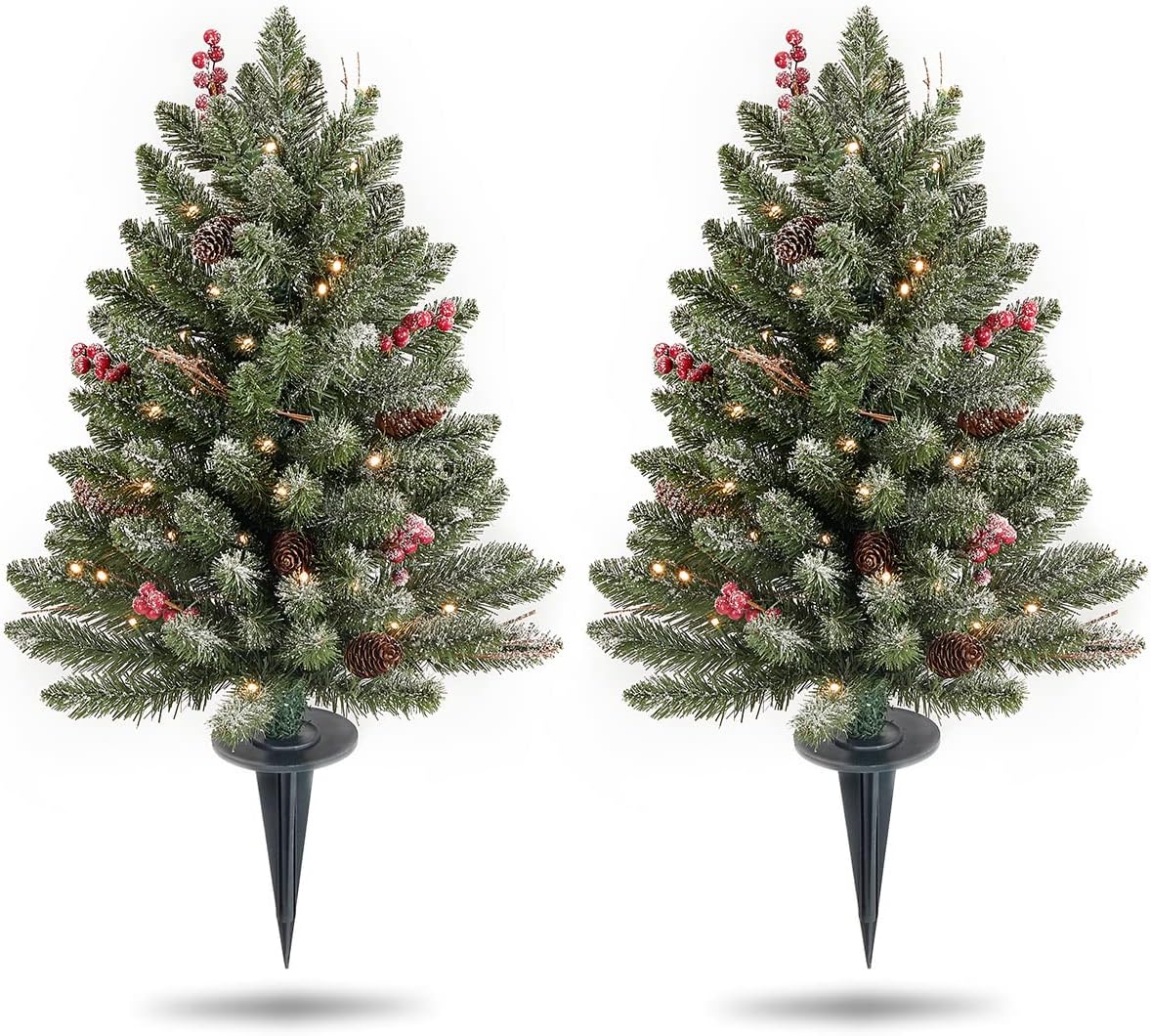HEAO 2Pcs Pre-Lit Christmas Tree, 2FT Artificial Christmas Tree Decorated with Pine Cones, Snow, Red Berries, Battery Operated for Porch,Entrances Tabletop