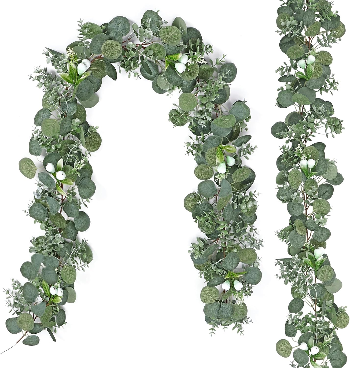 DEMIUKO 2PCS Artificial Eucalyptus Garland, 5.9FT Fake Silver Dollar Eucalyptus Leaves Vines Faux Greenery Garland Green Spring Garland for Wedding Arch Backdrop Table Wall Party Home Decor