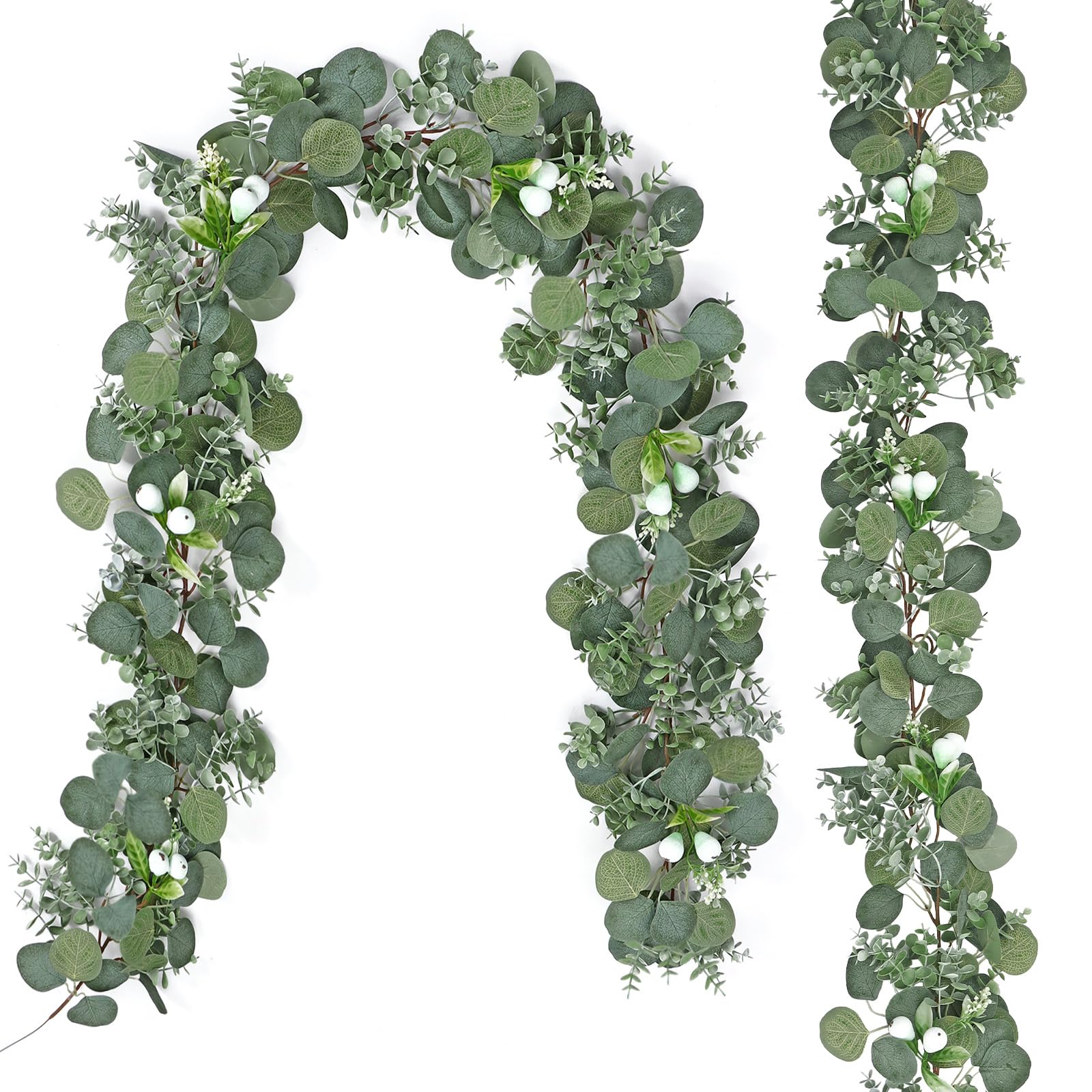 DEMIUKO Künstliche Eukalyptus-Girlande, 1,5 m, grüne Girlande mit silbernen Dollarblättern, grünen Beeren, künstliche immergrüne Girlanden für Hochzeitsbogen, Tischläufer, Hintergrund, drinnen und