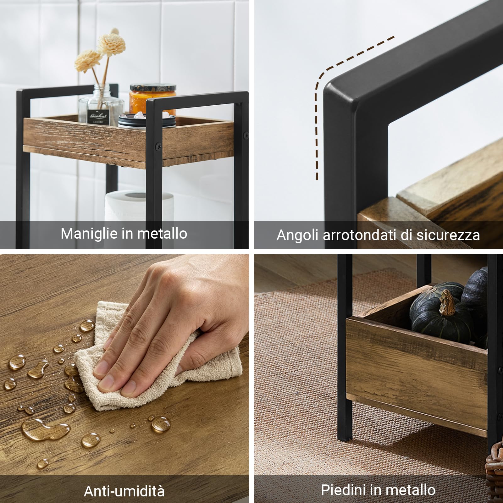 SoBuy Mobiletto Bagno Salvaspazio con 3 Ripiani Robusti – Mobile Bagno Stretto in MDF fino a 30kg, Armadietto Bagno color legno per piccoli bagni 28x20x74cm FRG226-F