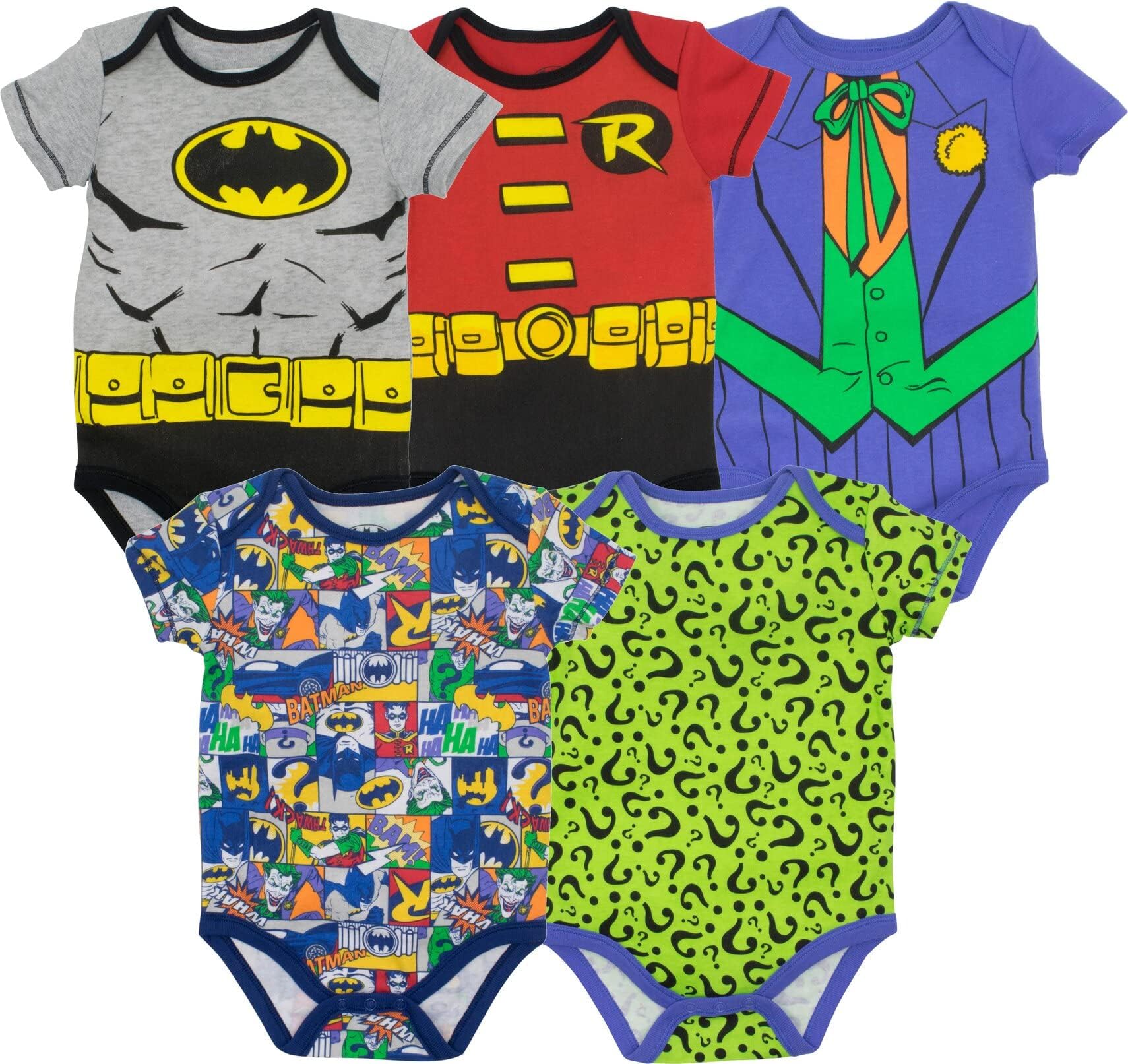 WARNER BROS Justice League DC Comics Baby 5 Pack Cosplay Costume Bodysuits Newborn to Infant Sizes (Newborn - 24 Months)