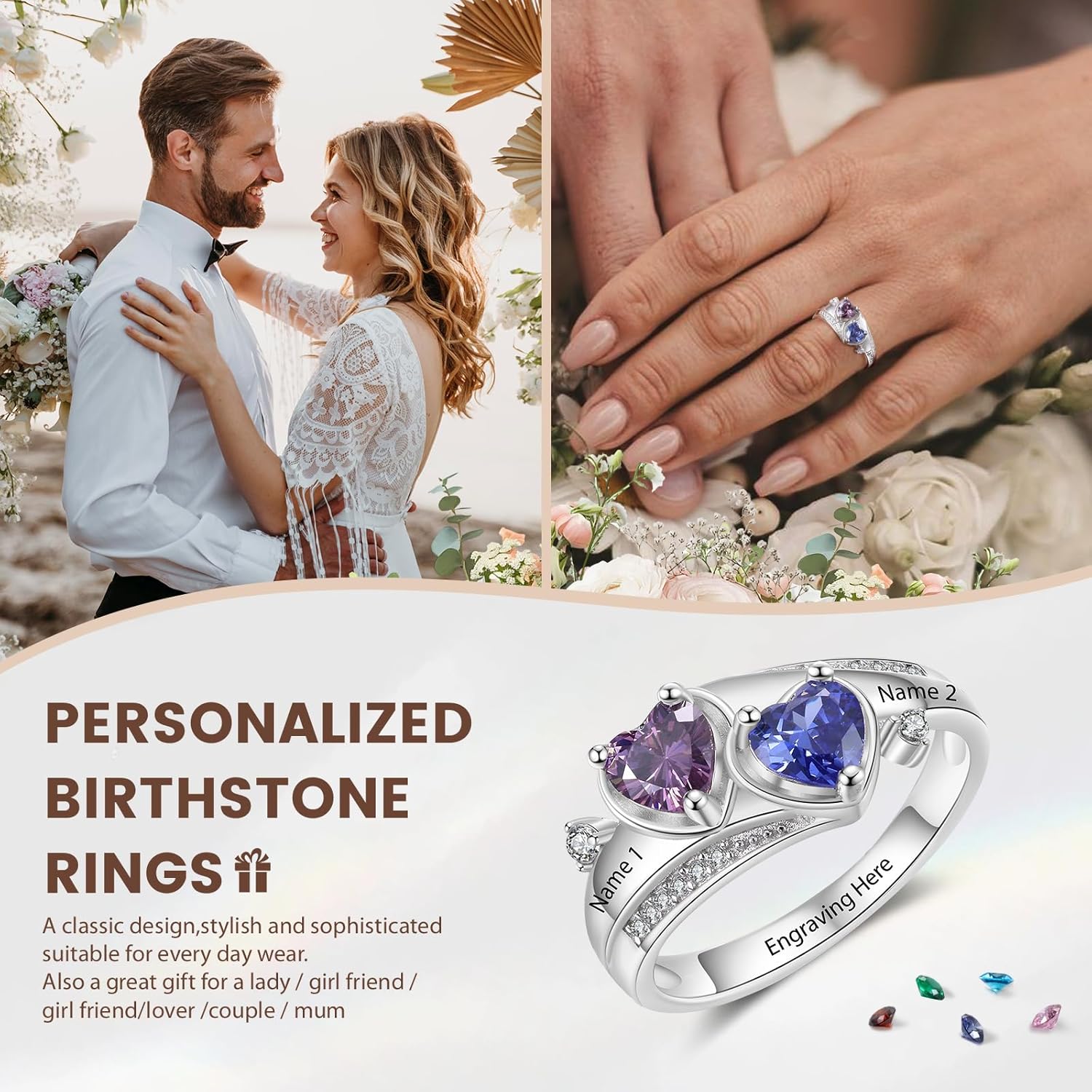 Gemszoo Personalized Sterling Silver Heart Birthstone Ring with 2 Custom Names, Engraved Text Infinity Promise Engagement Ring for Her Women