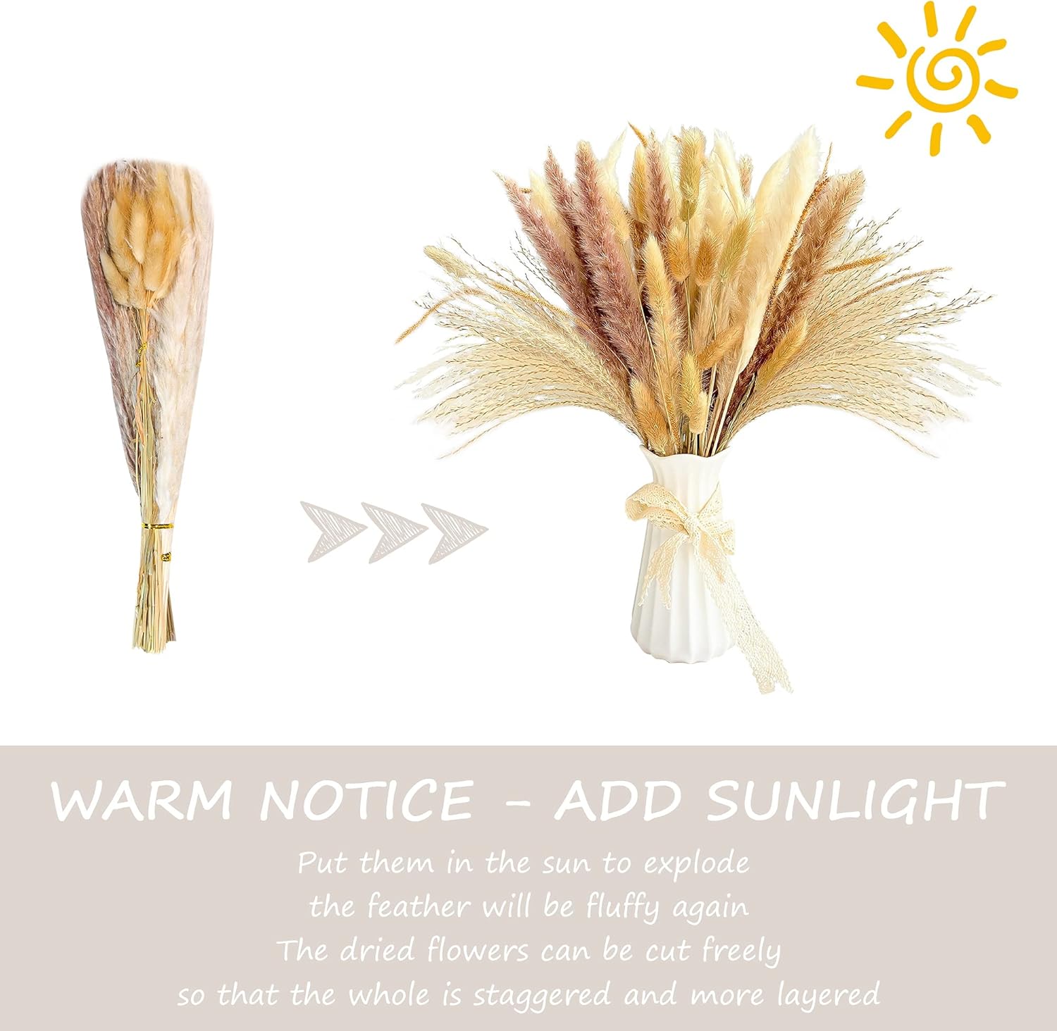 Dried Pampas Grass Decor Vase Home Design Arrangements,Natural Pompous Grass Plants Fluffy Artificial Faux Reed Flower Stems Bunch for Wedding Door Wreath Boho Living Room Decoration (65PCS) : Home & Kitchen