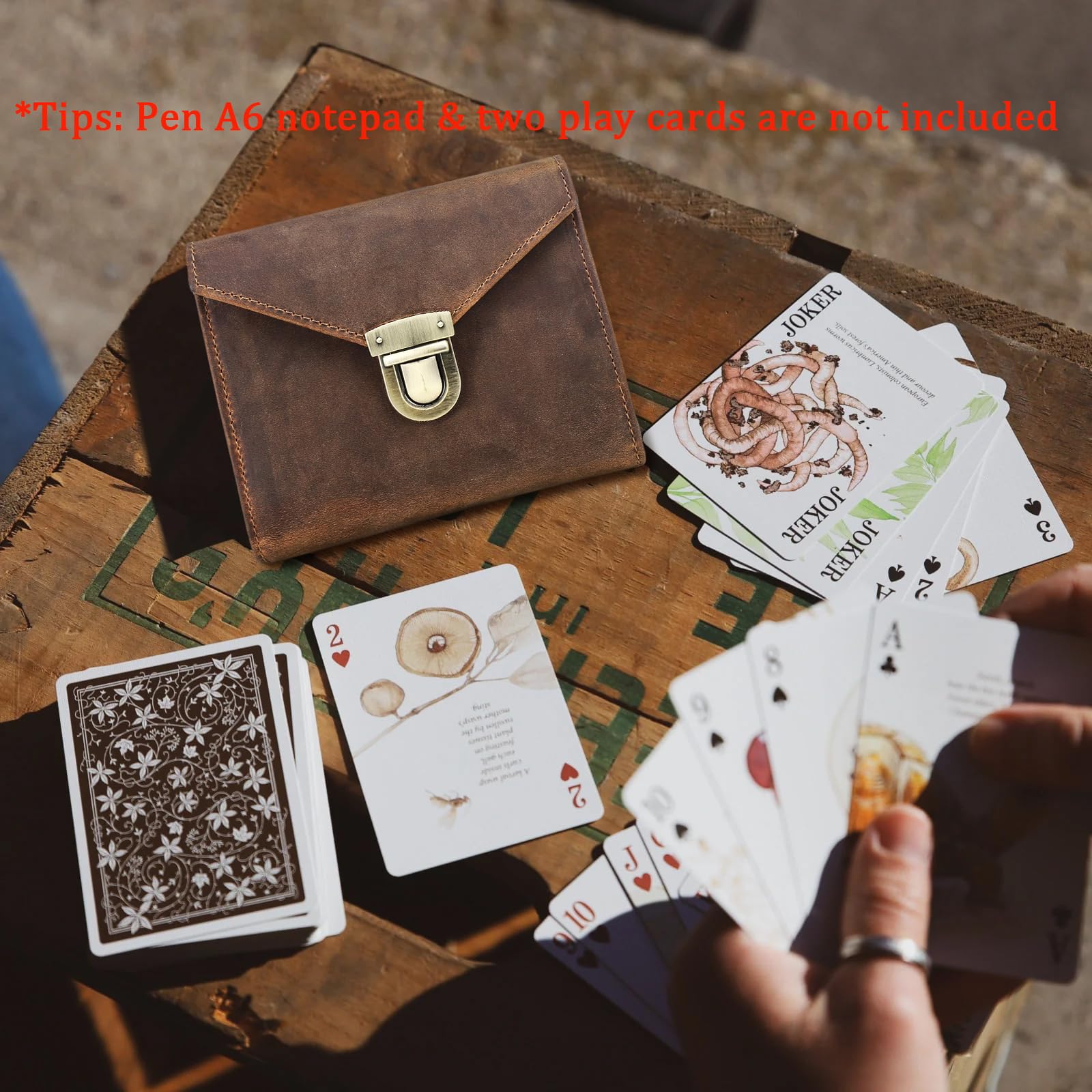 CONTACTS Custodia per carte da gioco in vera pelle con porta penna e blocco note per viaggi all'aperto, scatola per 2 mazzi di carte marrone organizer per 2 mazzi, set di punteggi