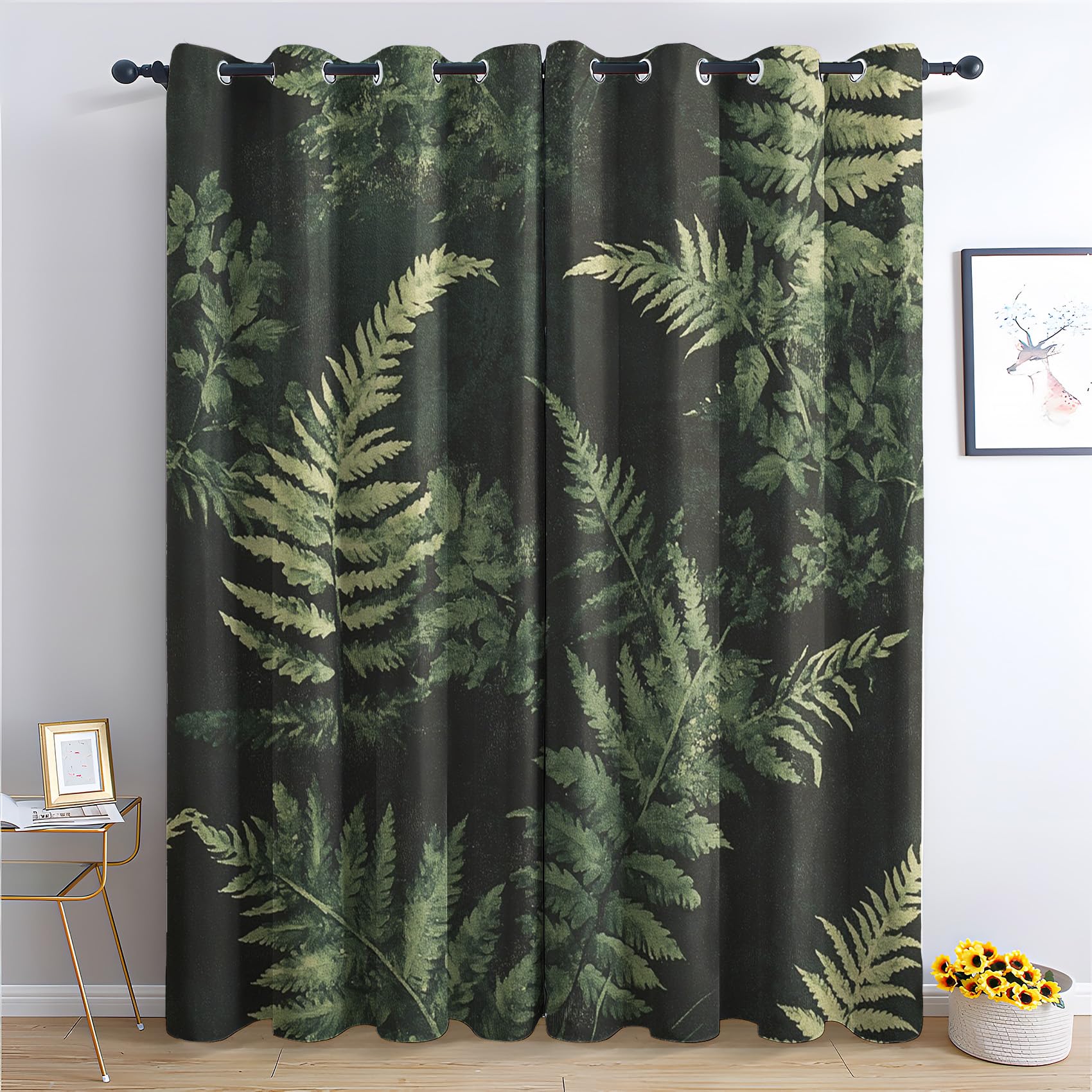 Rideau Occultant Fougère Verte - Décoration Botanique, Rideau Thermique Motif Feuille Botanique Nature Plante, Lot de 2 Rideaux Opaque à Oeillets pour Fenetre Chambre Salon, 140x260 cm (LxH)