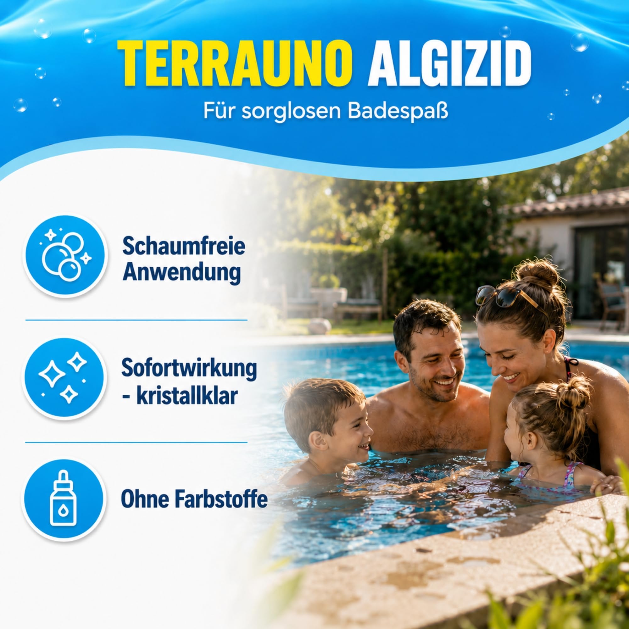 TerraUno Algizid für Pool, Algenvernichter Pool zum Schutz vor Algen, Pilzen & Bakterien, 5 L Pool Algenvernichter mit Klareffekt für sauberes und klares Badewasser