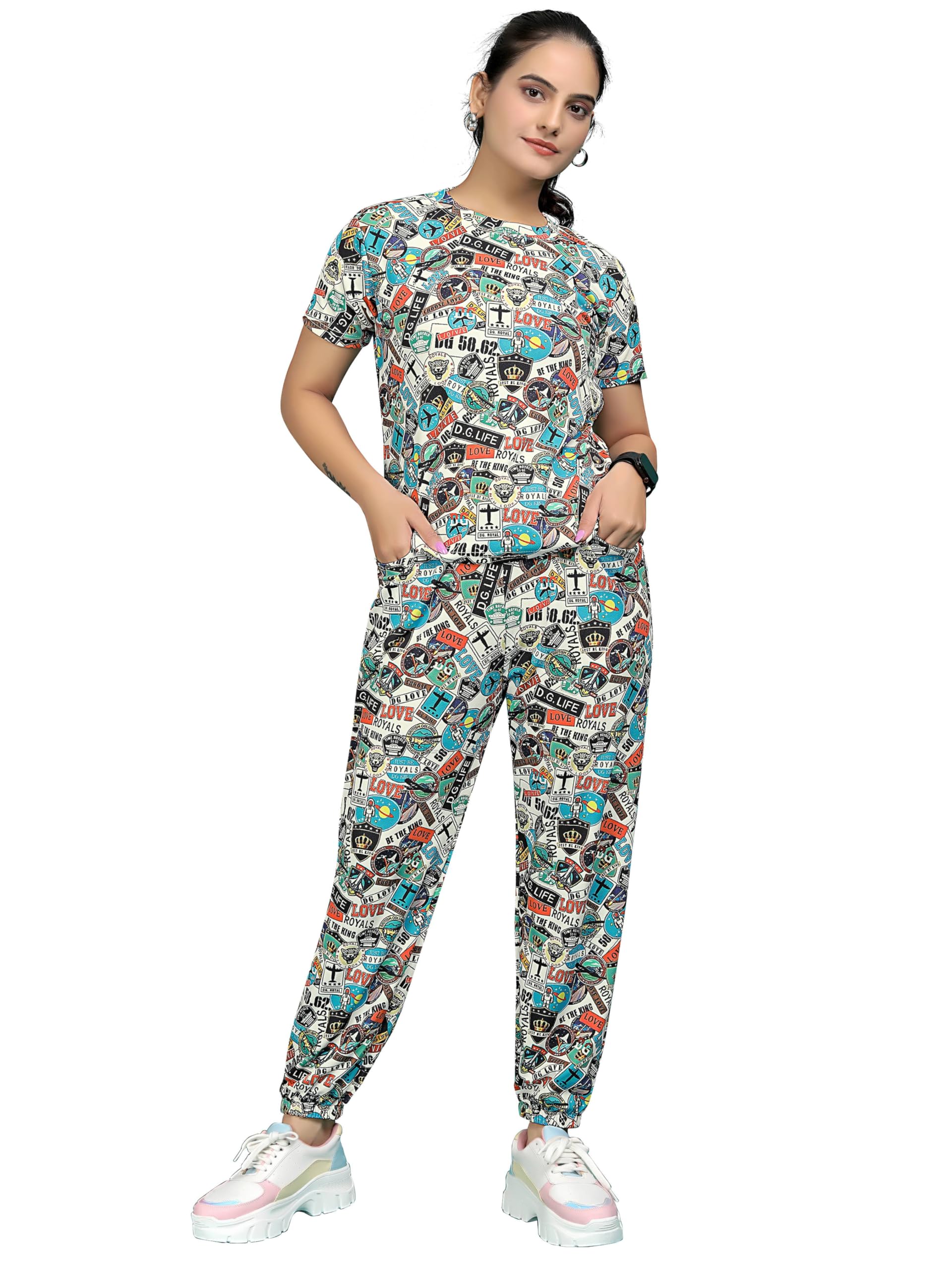 dadx Stylish Printed Night Suit Set for Women - Polyester Lycra Hosiery with Ankle-Length Joggers, Side Pockets, and Adjustable Drawstring Waist-picture-51