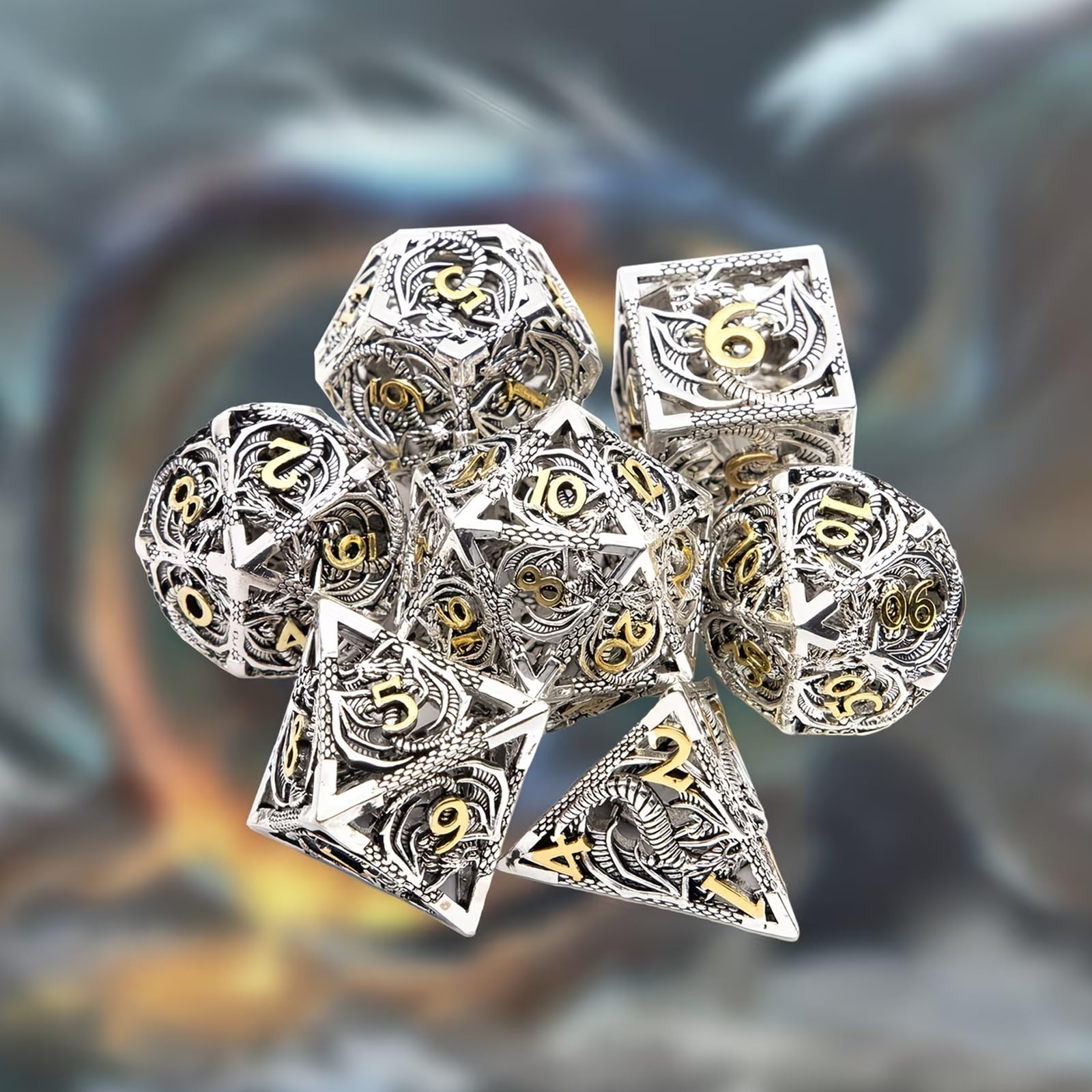 Dés Dragon Blancs et Or (7 Pièces), Polyèdres Creux, Compatibles avec Les Jeux de Rôle, de Plateau et de Cartes