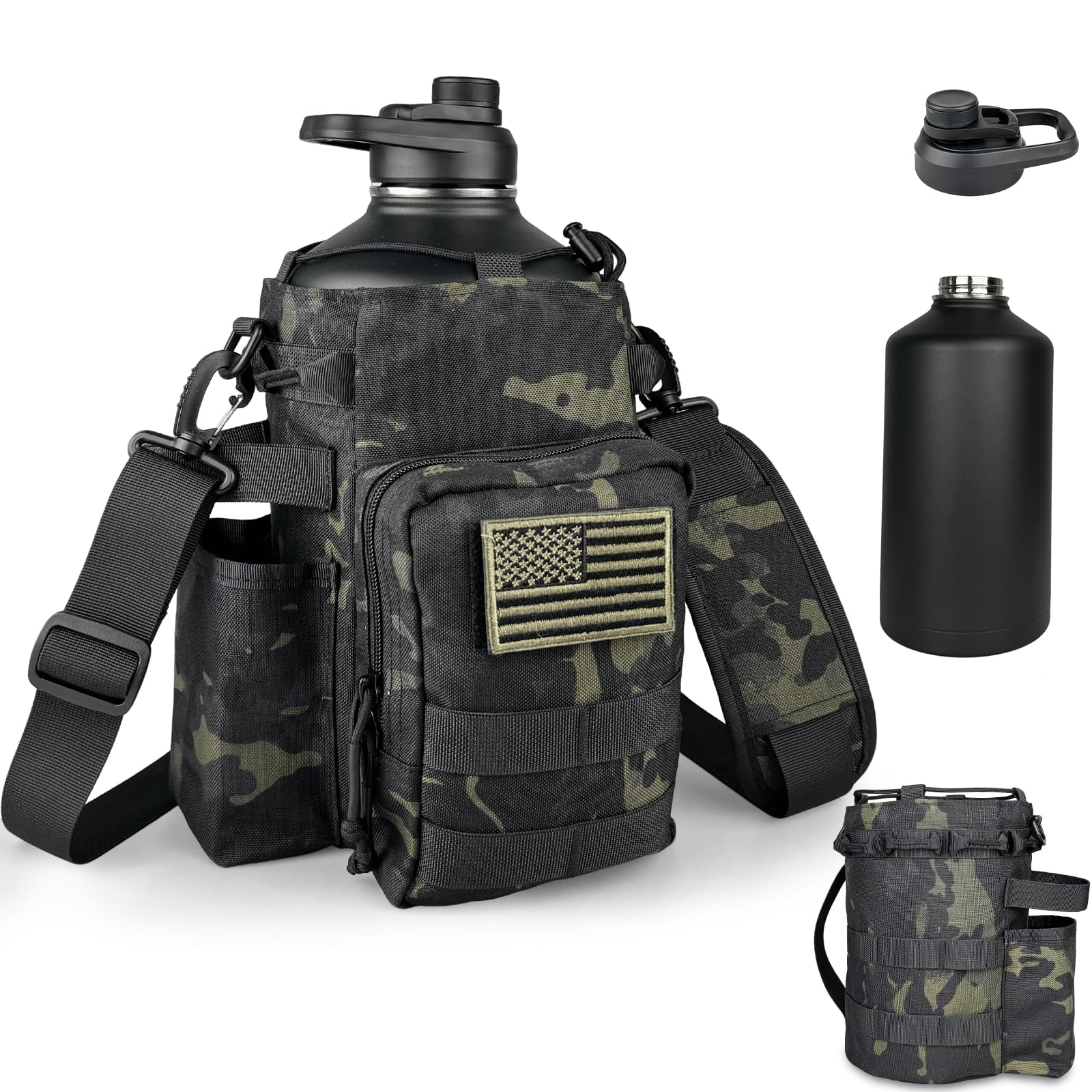 DEFUNX 1 Gallon Water Bottle Insulated with Sleeve - Tactical 128 oz Stainless Steel Water Jug with MOLLE Water Bottle Pouch, Large Gym Water Bottles for Men Hiking Workout (Black Camo)