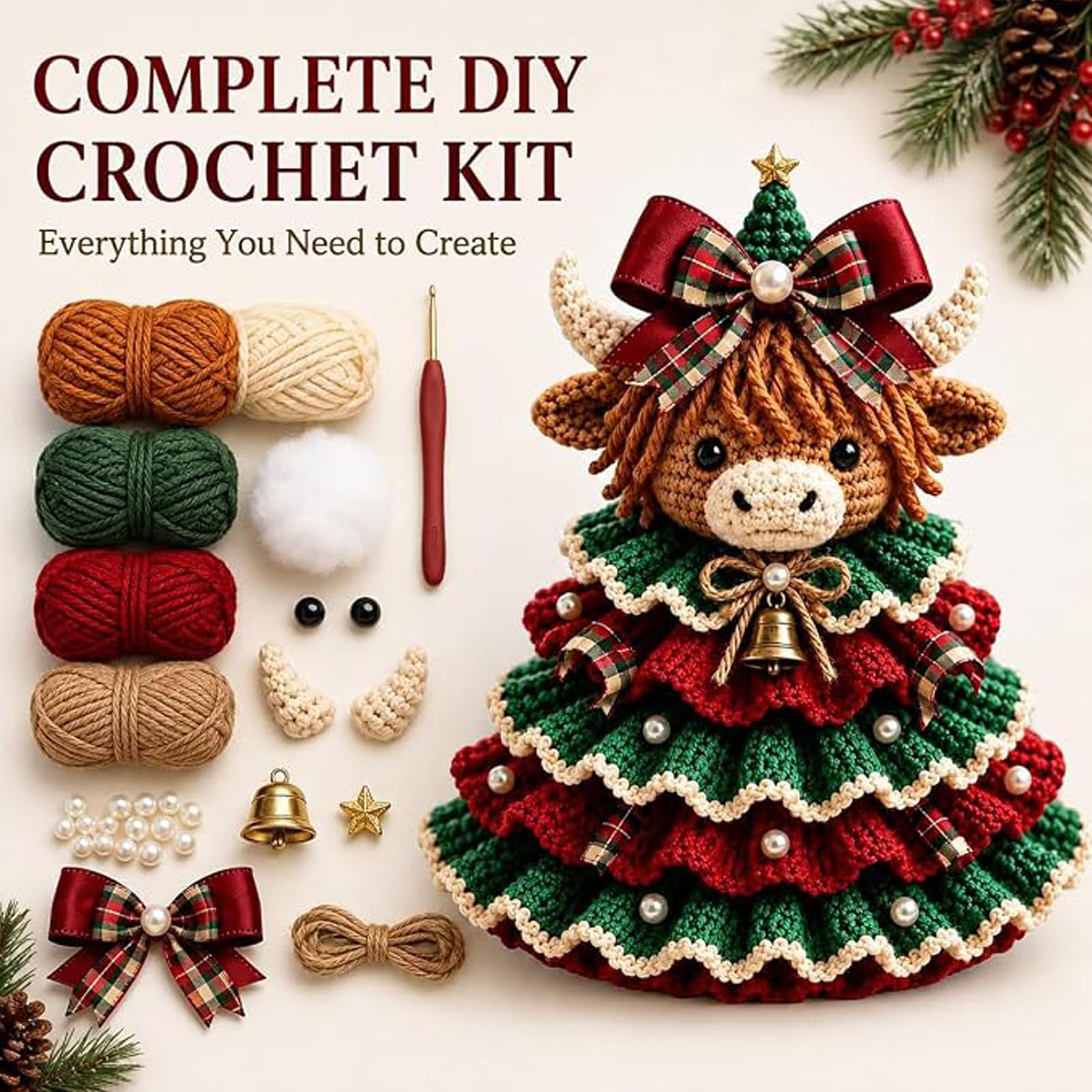Kit Uncinetto Animali Albero Natale, Kit Mucca Highland (F#) | Kit Uncinetto Per Principianti Lana Gancio Imbottitura Accessori Ideale Per Decorazione Tavola Natalizia